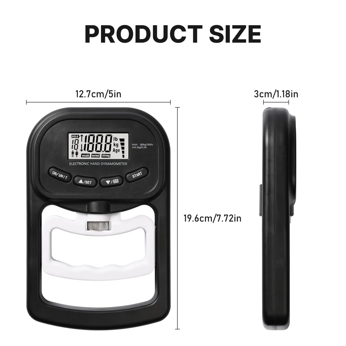 Dinamómetro de Mano Digital 396lb/180Kg, Probador de Fuerza de Agarre Digital con Pantalla LED Grande, Medidor Digital de Mano con Cable USB, Entrenador de Fuerza de Agarre para Adultos, Niños
