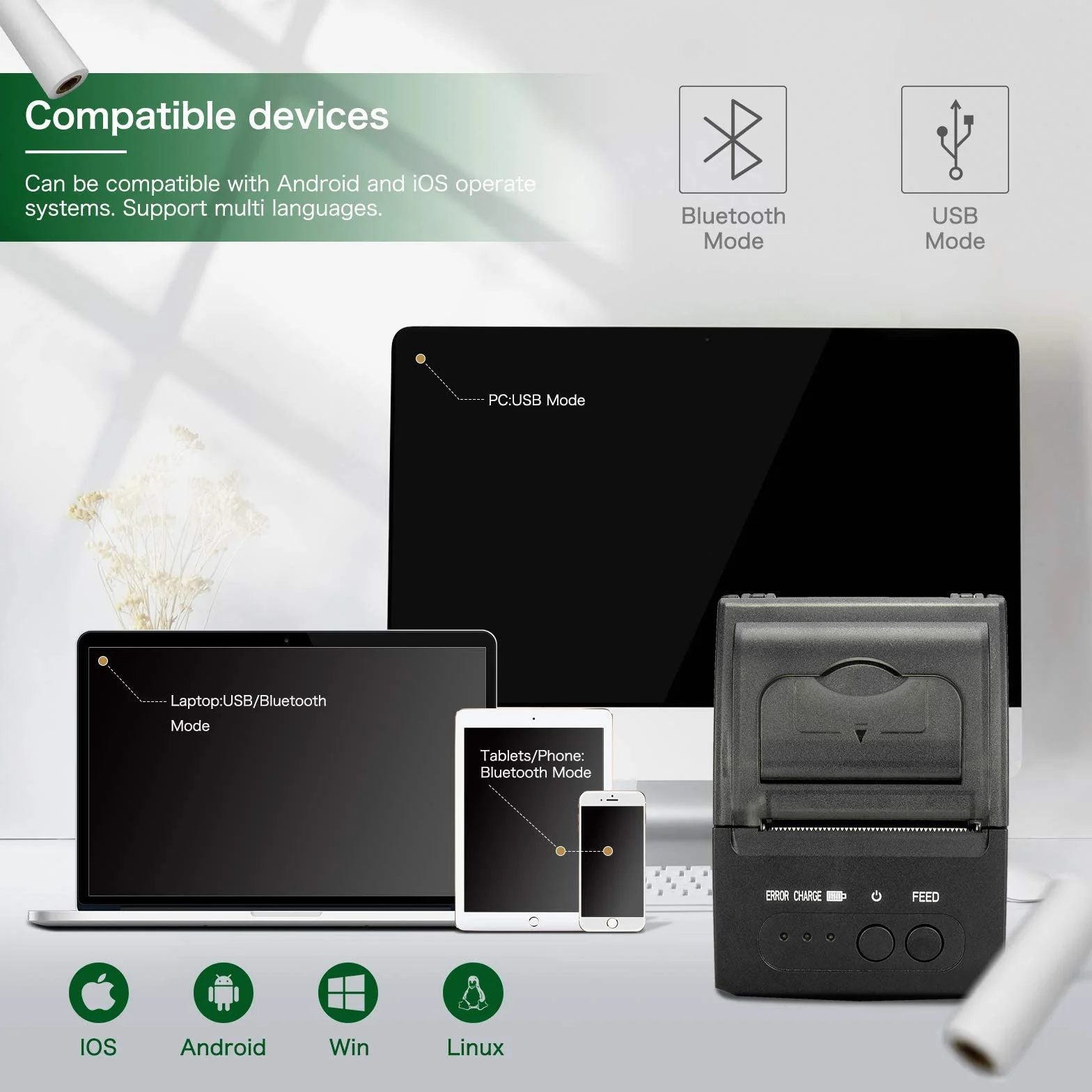 NETUM Bluetooth Impresora de Recibos, Mini Impresora Térmica Portátil de 58mm Sin Estuche de Transporte, Compatible con Android/Windows NT-1809