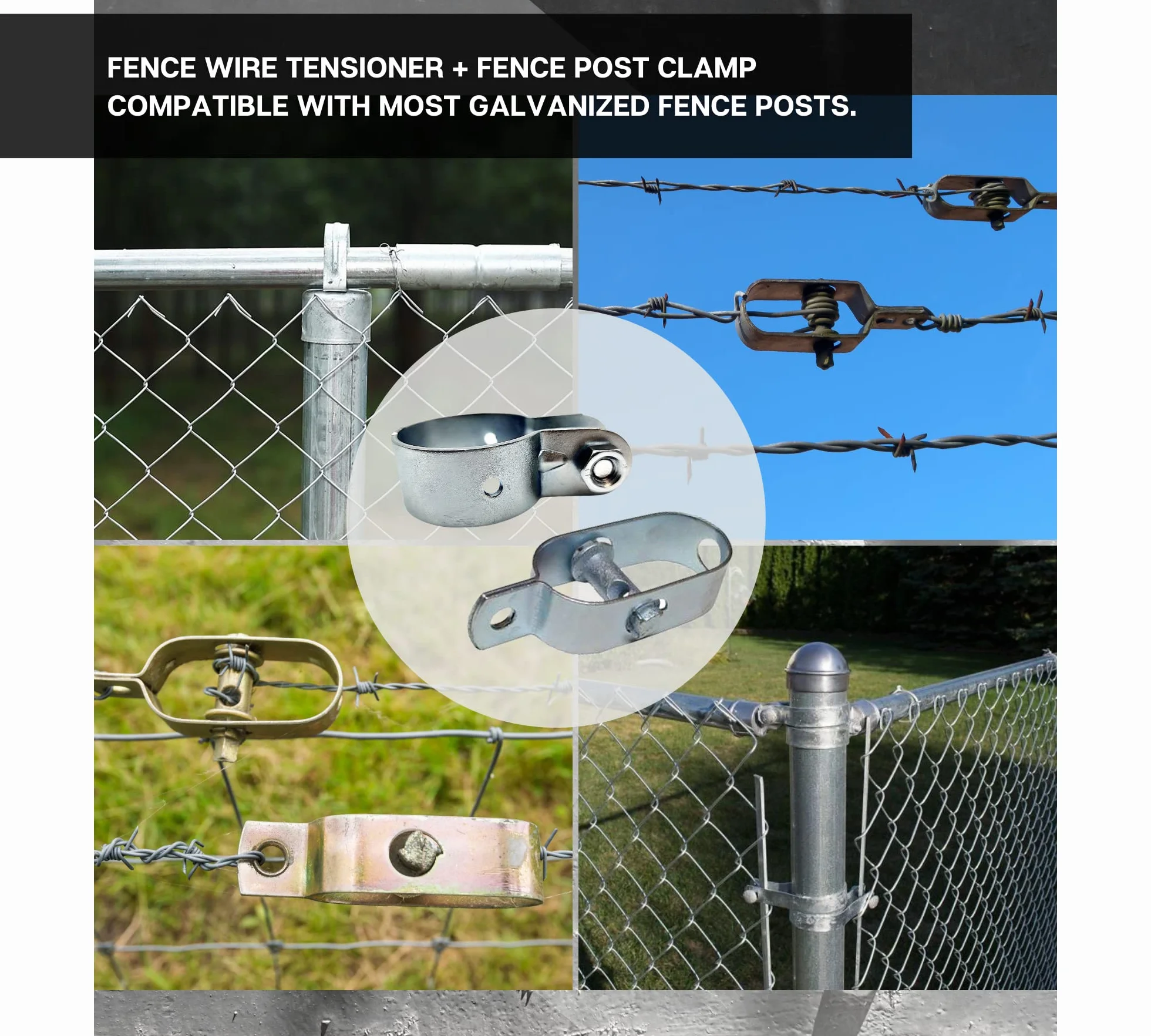 DOJA Barcelona | Tensores para Alambre y Abrazadera Poste | Pack 10 Tensor Galvanizado + 10 Abrazadera Valla 48mm | Abrazadera en Acero Cincado con Tornillo | Alambradas para Fincas, Malla Metalica