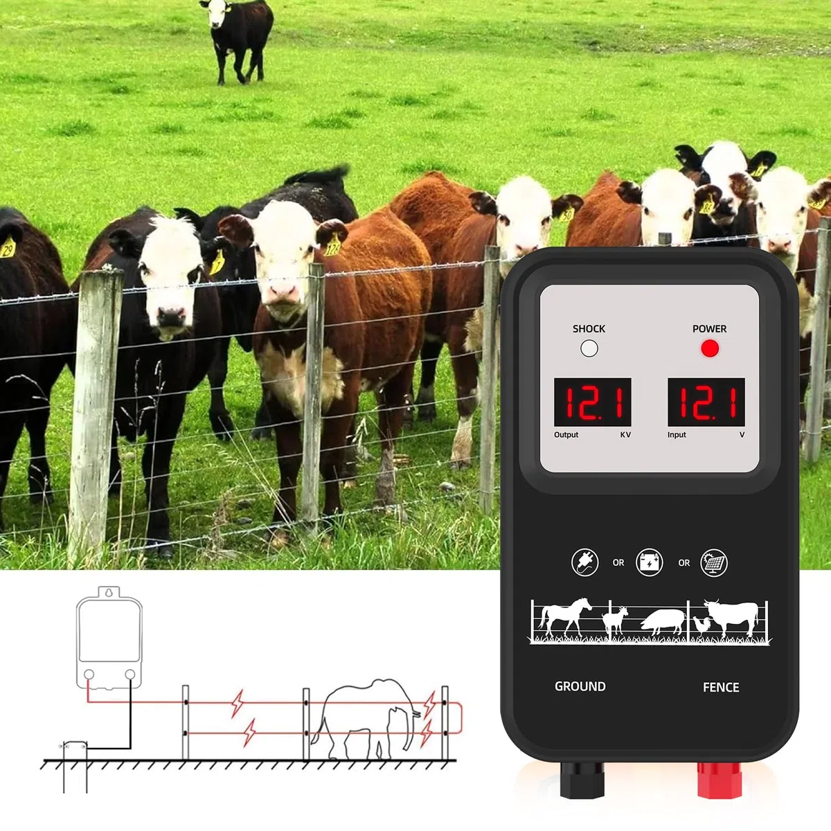 15KM Pastor Eléctrico, 2J Cerca Eléctrica Controlador de Pulso de Alto Voltaje Seguro Cercado Eléctrico para la Prevención de la Fauna Salvaje, Granja, aves de Corral, Jardín (Negro)