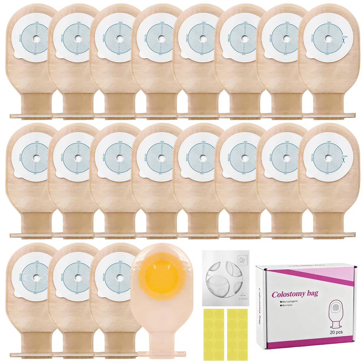 20 bolsas de colostomía, bolsas de stoma, bolsas de estoma drenables de una pieza para colostomía, cuidado del estoma, bolsas de colostomía, cortadas a tamaño 20-65 mm
