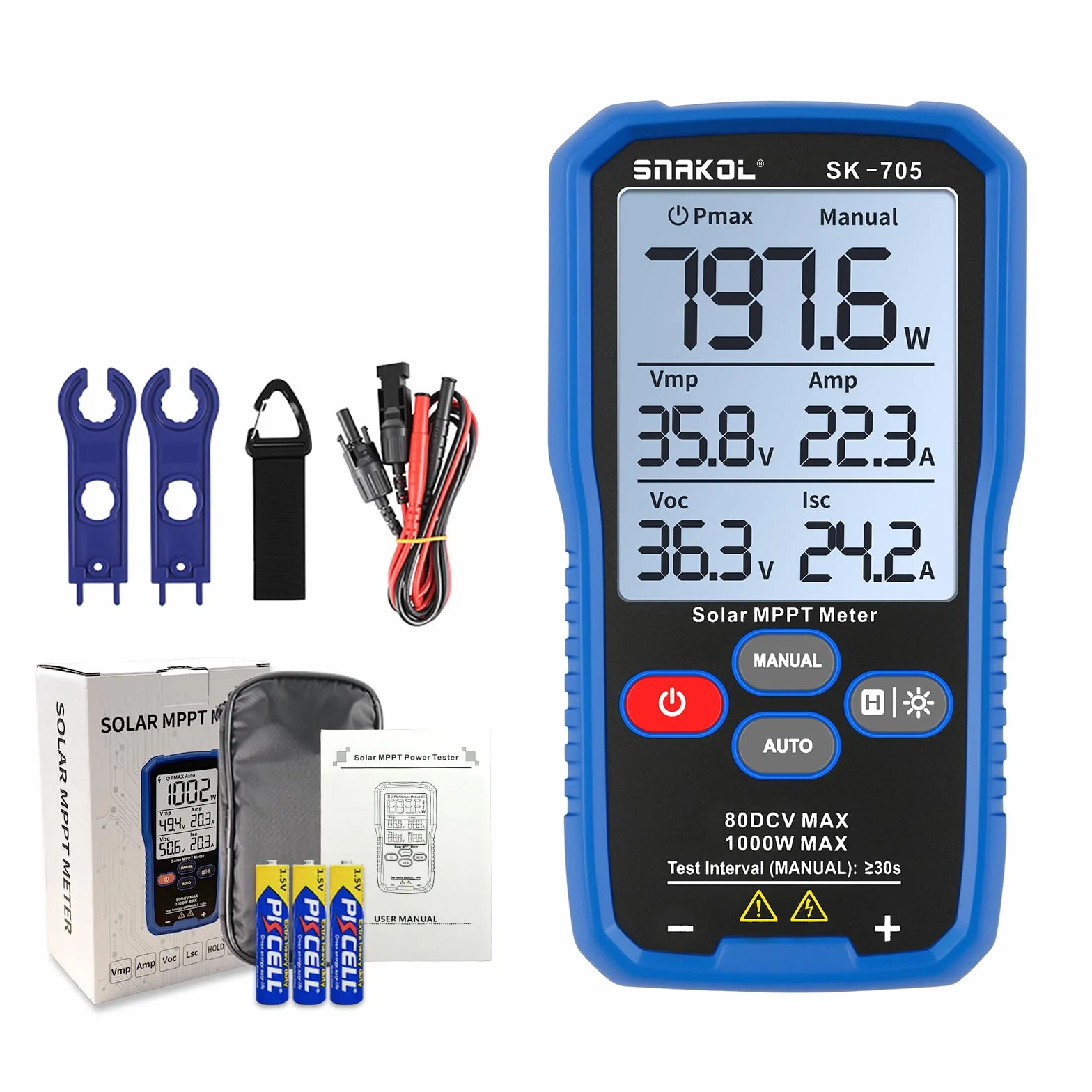 SK-705 Probador MPPT Solar para Módulos Fotovoltaicos – 1000 W, Máx. 80 V DC, 35 A, Medición Automática y Manual de Potencia, Voc Isc Vmp Pmax, Pantalla LCD de 3,2", Tester FV Portátil
