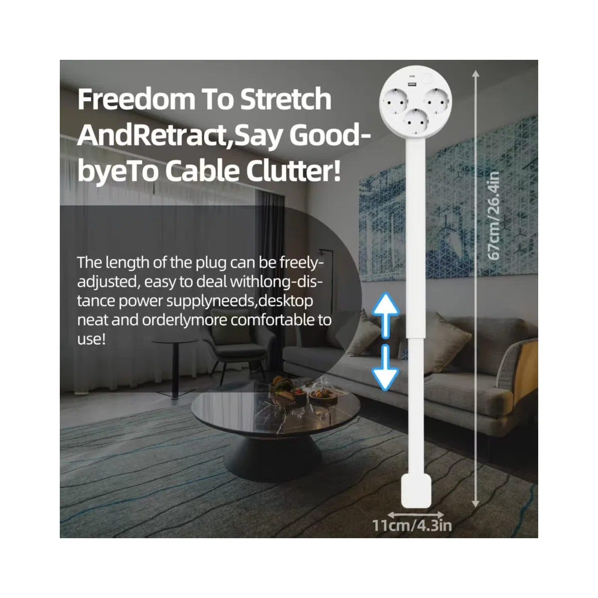 Electrical Outlet Expander. Power Socket Extender Access Hard-to-Reach Outlets! and 2 AC Outlets, Extends 22"-34", Rotates 180°. Features USB-A, USB-C, Use Behind Couches, Nightstands, Desks