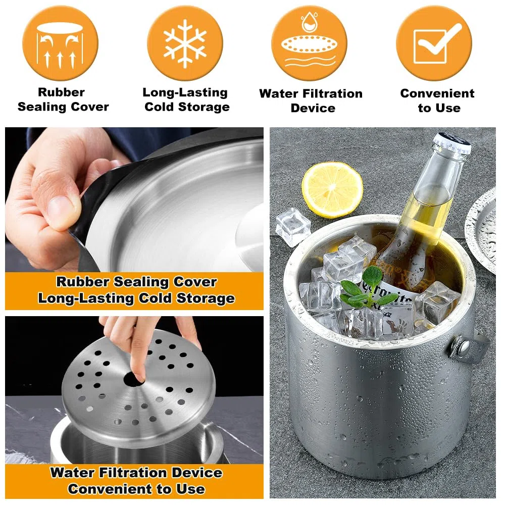 LPAMABA 2L/67OZ Eiskübel, enfriador de vino, enfriador latas con Asa y tapa, cubiteras para hielo grande de Acero Inoxidable, enfriador de botellas para Cerveza, Bebidas y Vino