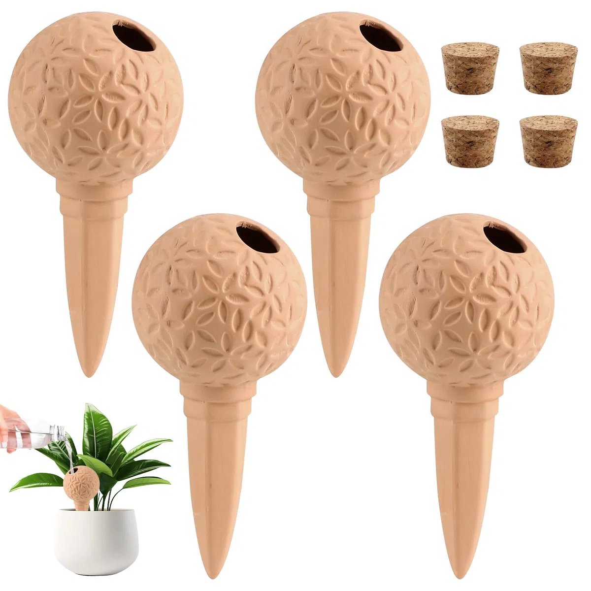 EXLECO 4pcs Conos de Riego Automático de Arcilla 185ml, Sistema Riego Terracota Dispositivo de Irrigación Automático en Vacaciones Dispensador de Agua para Plantas en Maceta Interior y Exterior