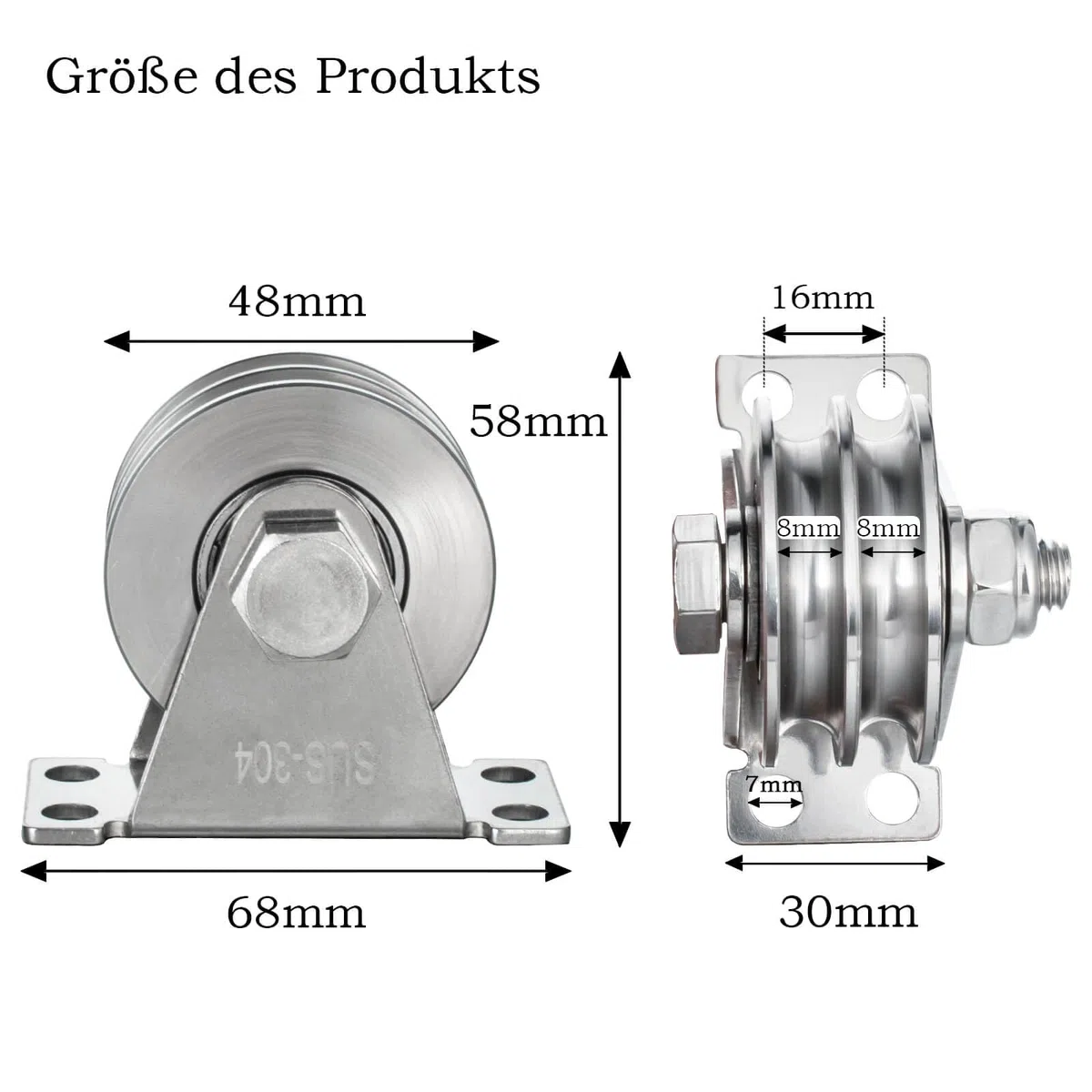 Polea doble con 2 rodamientos de bolas, polea de acero inoxidable, poleas para cuerdas de 8 mm, cable de acero, capacidad de carga de 500 kg, 1 pieza