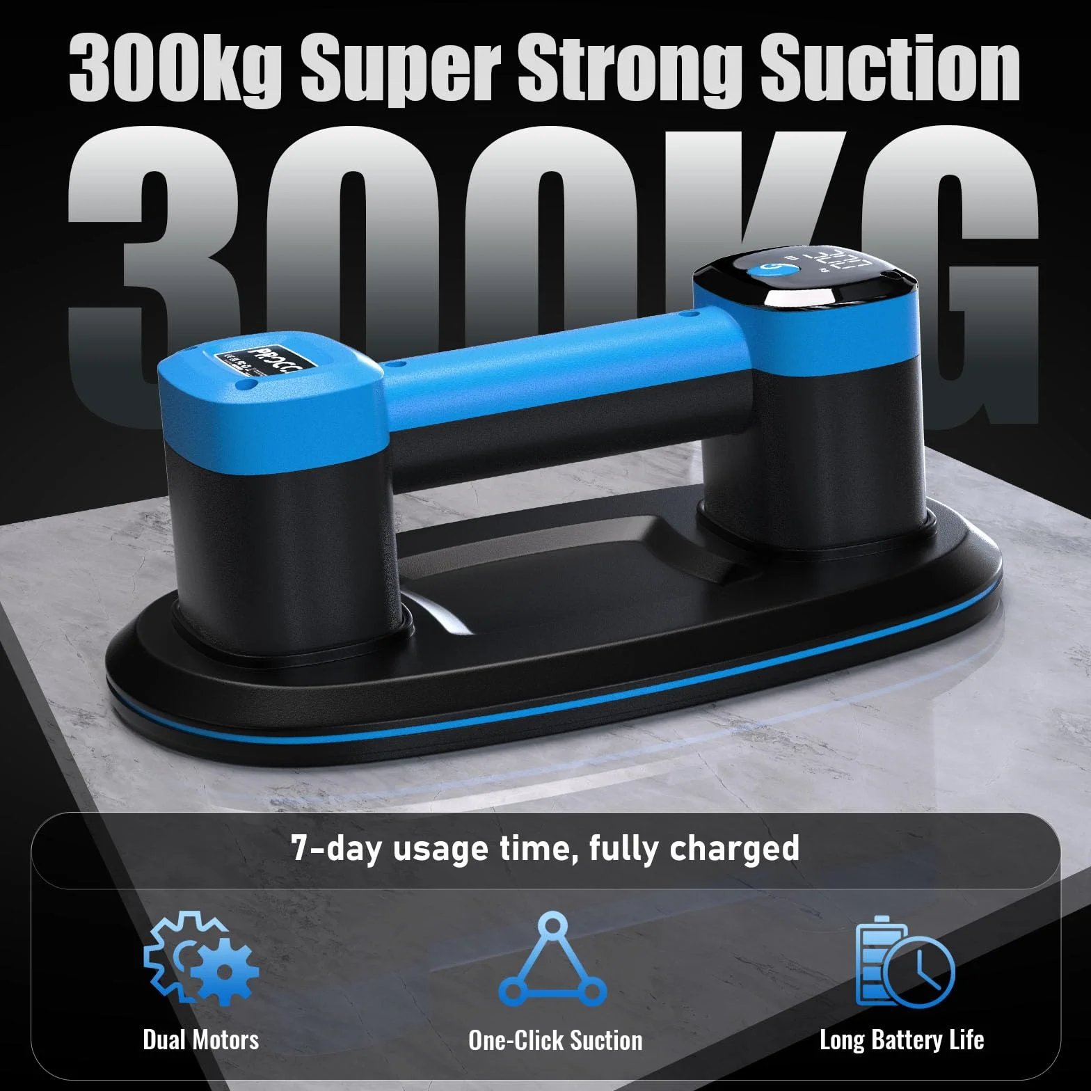 Ventosa Eléctrica para Azulejos, Vidrio, Mármol – 2 Motores Potentes, 300KG de Succión Fuerte, Pantalla LCD, Batería 4500mAh, 12h de Autonomía, 26cm, Ideal para Superficies Lisas y Rugosas