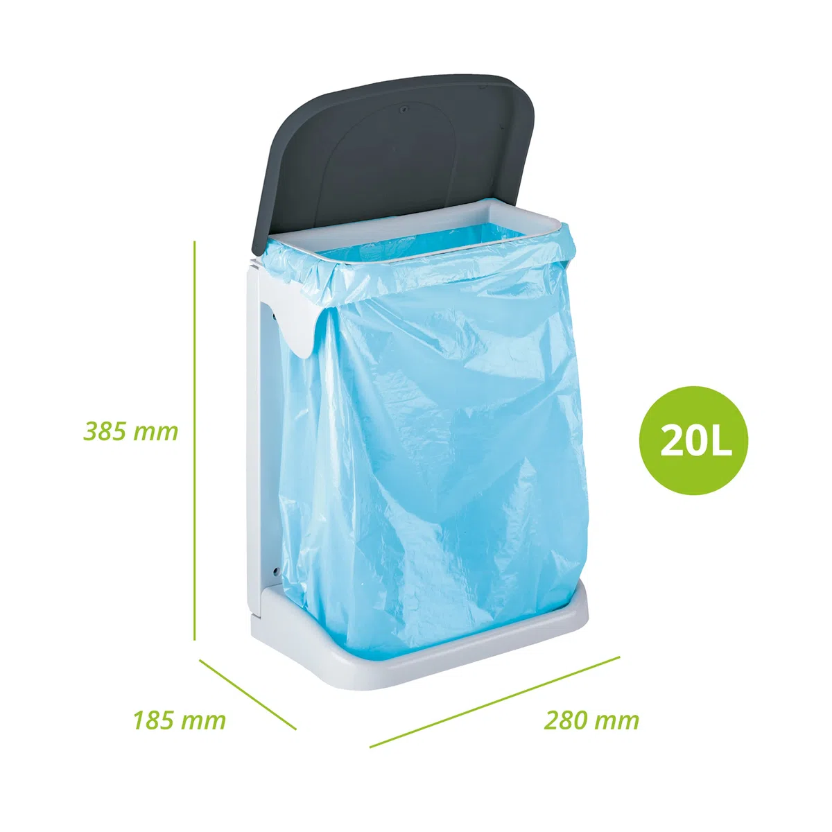 DENOX Cubo de Basura Interior 20L para Armario con Apertura Automática – Papelera con Aro Sujeta-Bolsas, Compartimento para Rollos y Montaje en Puerta – Color Blanco/Gris