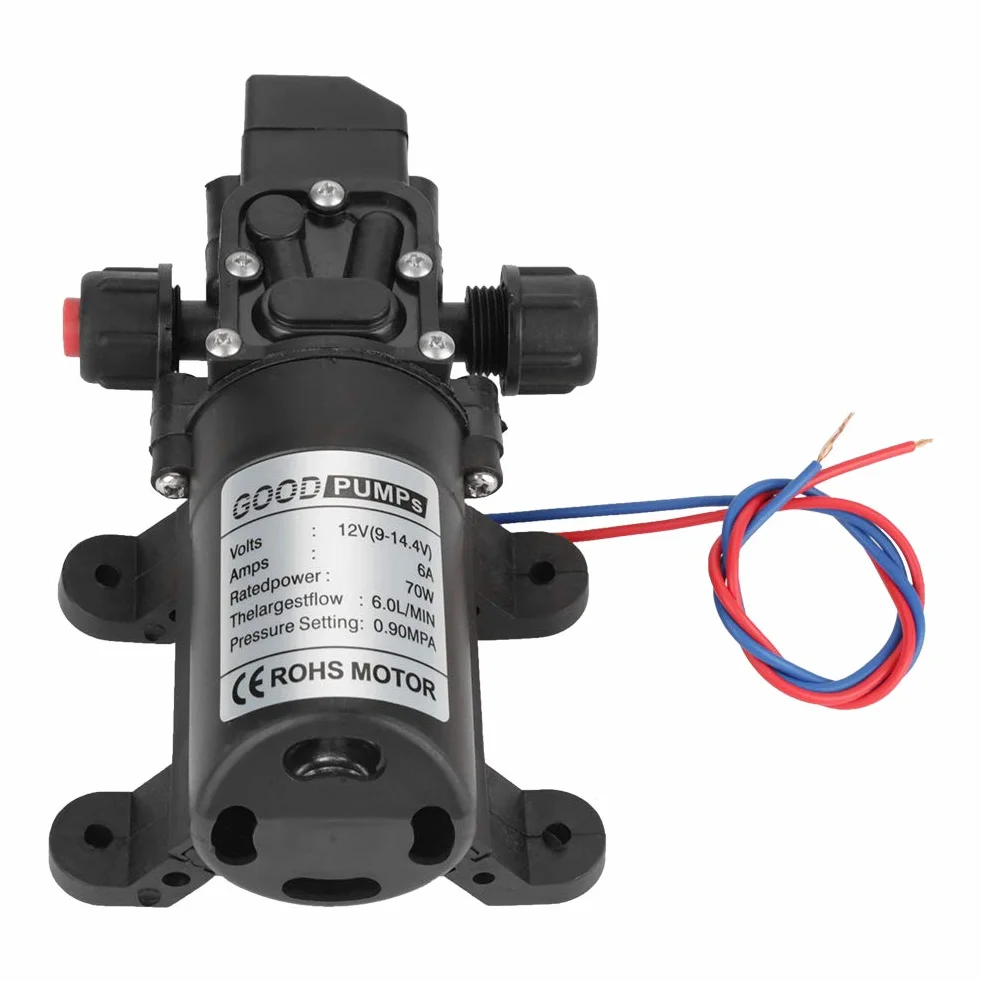 Bomba de Agua 12v 0.9Mpa 6L, Bomba de Diafragma de Alta Presión Autocebante, DC 12V 70W 4-6L/Min Bombas de presion de agua Alta Presion para Jardín, Caravana, Camping, RV, Botes