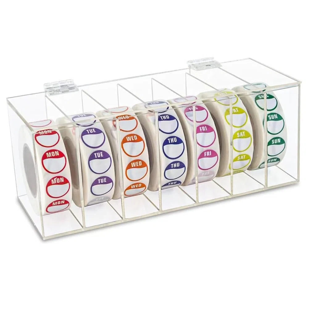 Dispensador de etiquetas acrílico con tapa para el día de la semana, con 7 compartimentos, para rollos de pegatinas para montaje en pared (sin etiqueta)