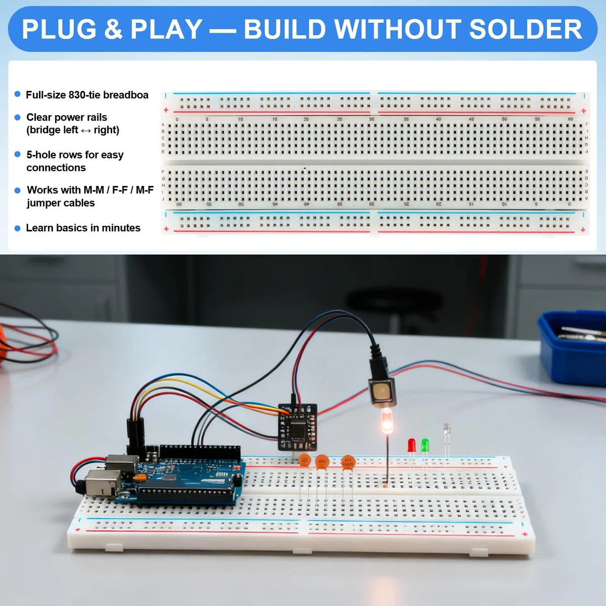 1530 Piezas Kit de Componentes Electrónicos con Resistencia de película metálica,Condensador,Diodo,Diode LED,Transistore,Cables Dupont,Cable Jumper y Breadboard, para UNO R3