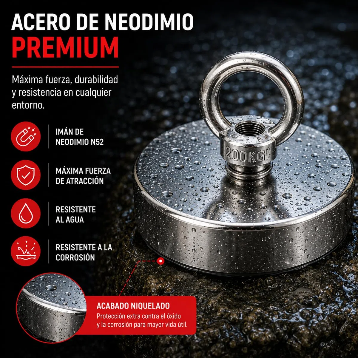 Imán Neodimio N52 para Pesca Magnética 60 mm | Imán Neodimio Potente de hasta 200 kg | Con Guantes y Cuerda de 20 m | Imanes Neodimio para Industria, Ciencia y Recuperación de Objetos
