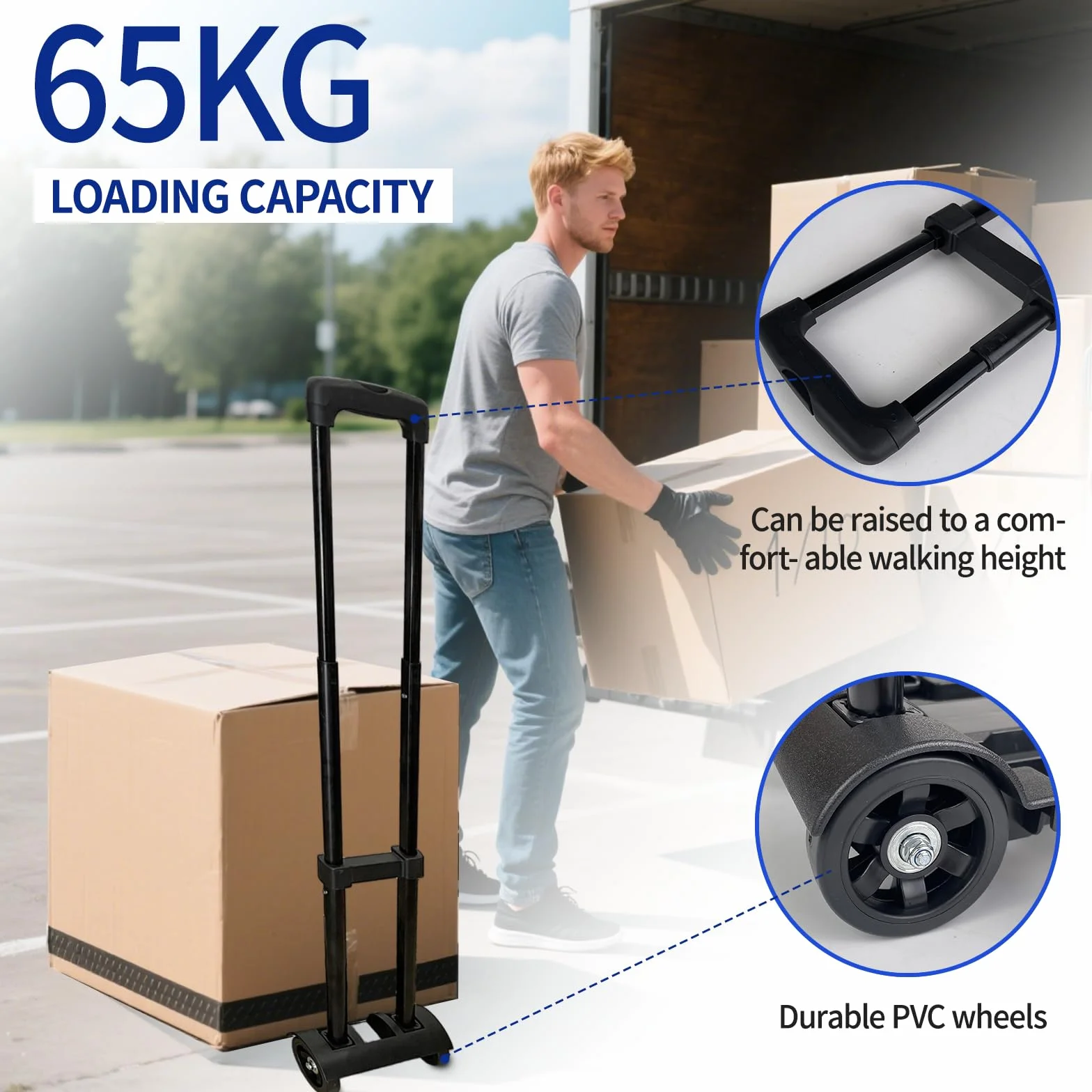 Carretilla Plegable de Aluminio, Carro de Carga con Asa Telescópica, Soporta hasta 65kg, Mango Telescópico Largo 95.5 cm, Dimensiones de la Plataforma 35 * 36 cm para Transporte Mercancías