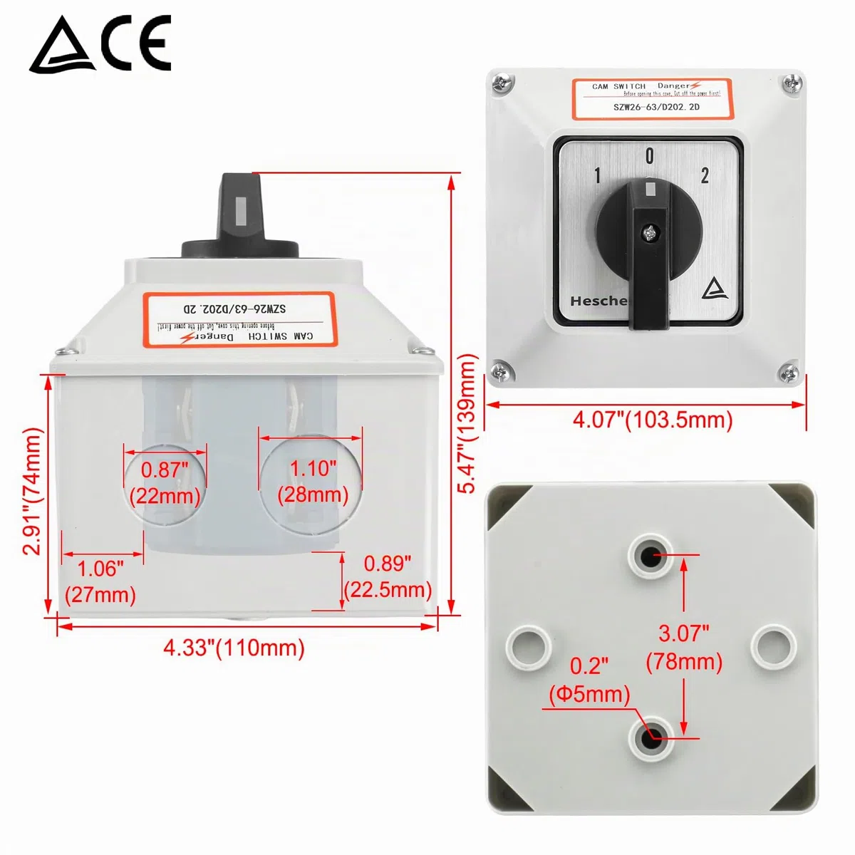 Heschen SZW26-63/D202.2D - Interruptor de cambio universal para selector de levas, 660 V, 63 A, ON-OFF-ON, 3 posiciones, 2 fases, 8 terminales, con interruptor principal, caja externa, CE