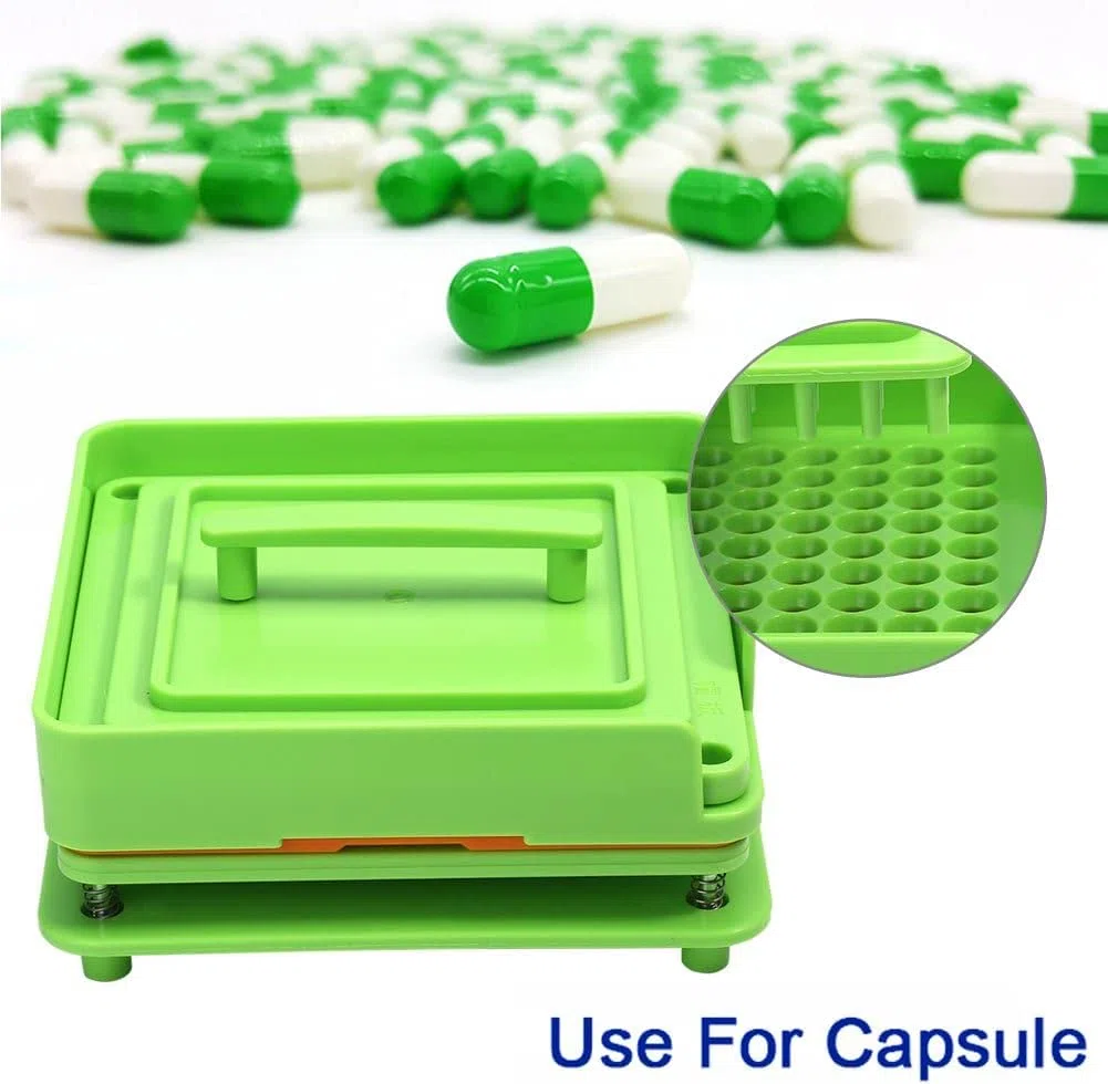 Llenadora Manual de Cápsulas, 100 Orificios, Tamaño 0, Bandeja para Cápsulas de Gelatina Vacías con Placa de Llenado de Polvo, Color Verde