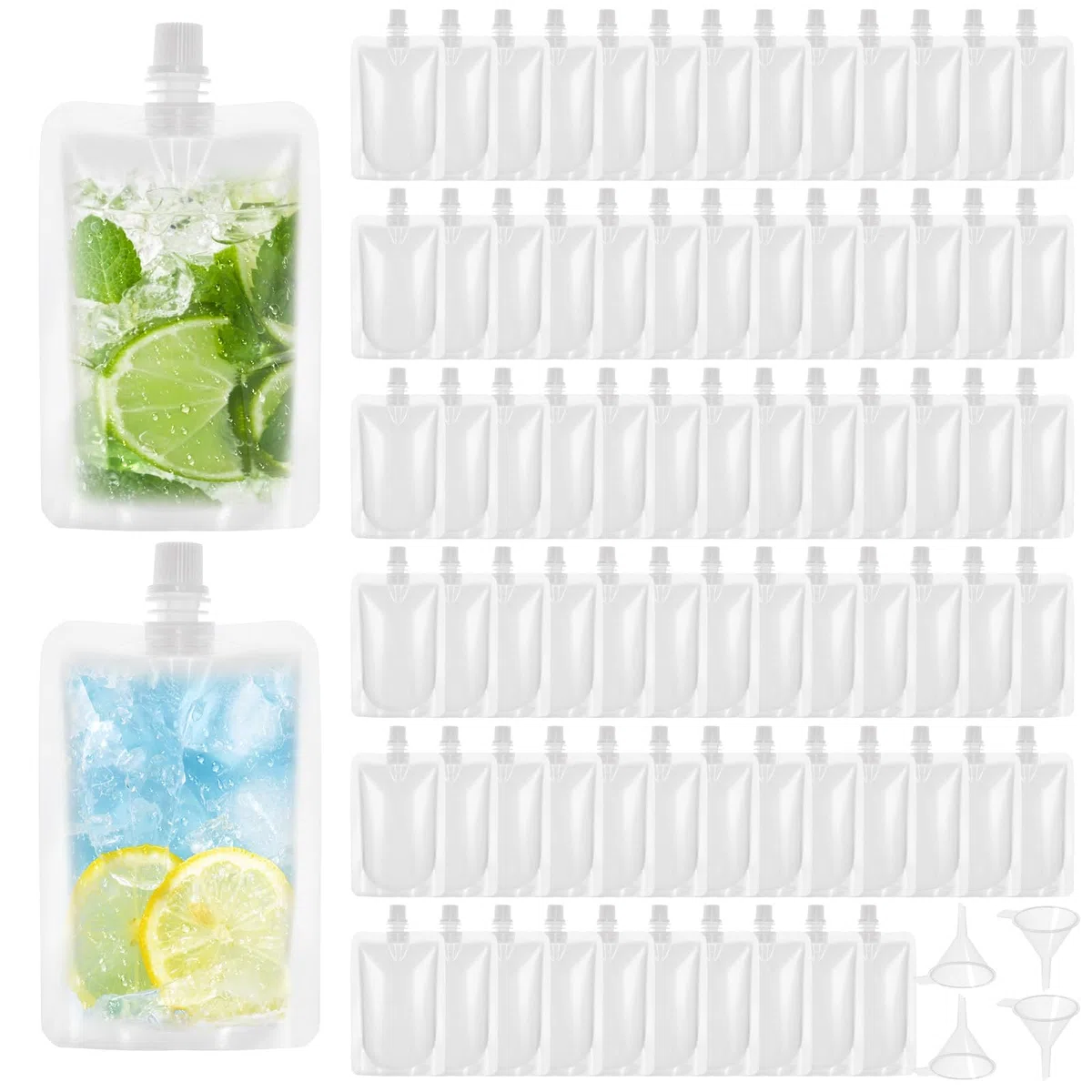 100 bolsas de bebidas de 100 ml para festivales, frascos de plástico recargables con 4 embudos, a prueba de fugas, bolsas transparentes para líquidos fríos y calientes, fiestas, viajes