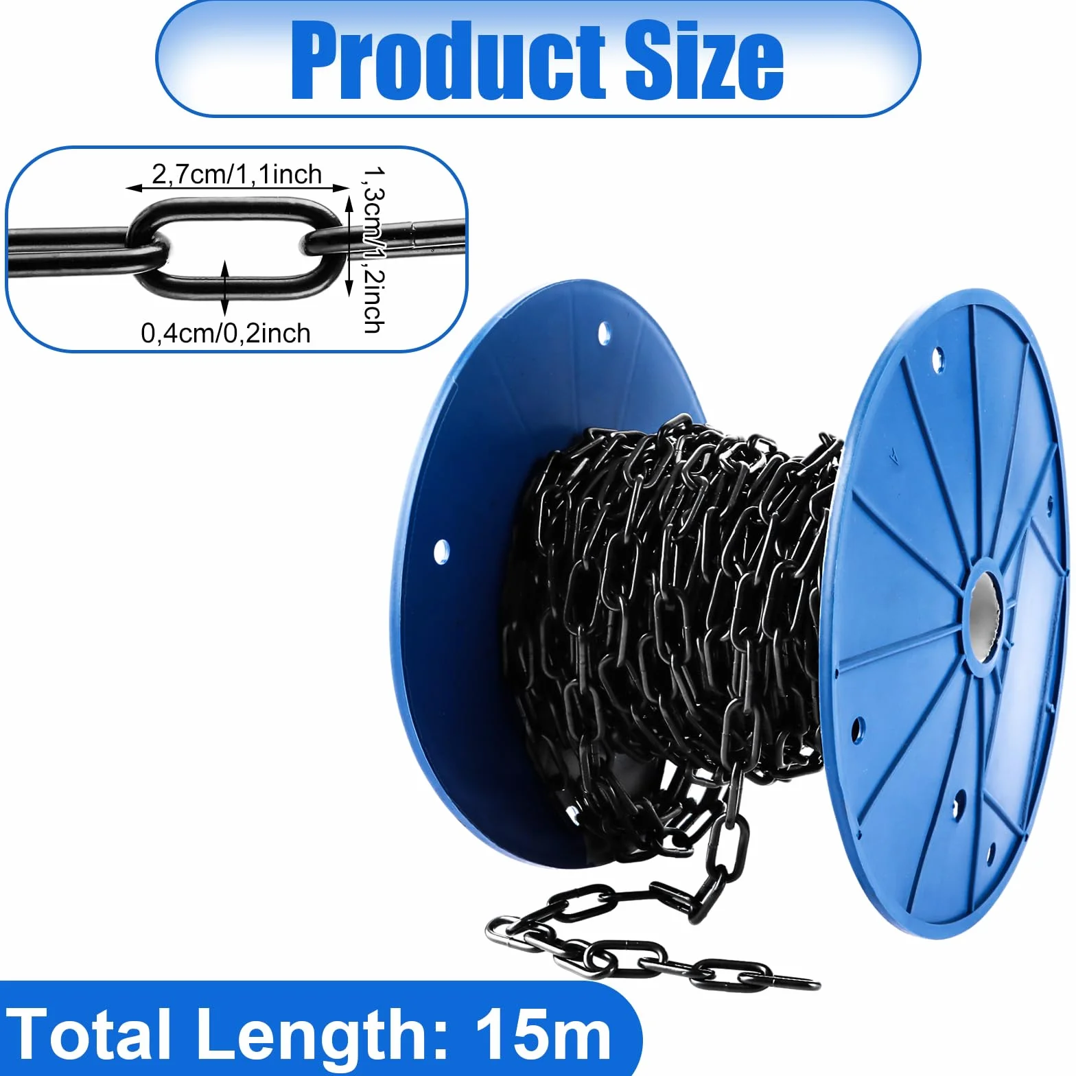 Cadena de metal de 15 m de 3 mm, cadena de acero redonda, cadena de acero fuerte, cadena de eslabones de acero al carbono negro para cadena de lámpara, cadena para perros y cadenas de barrera