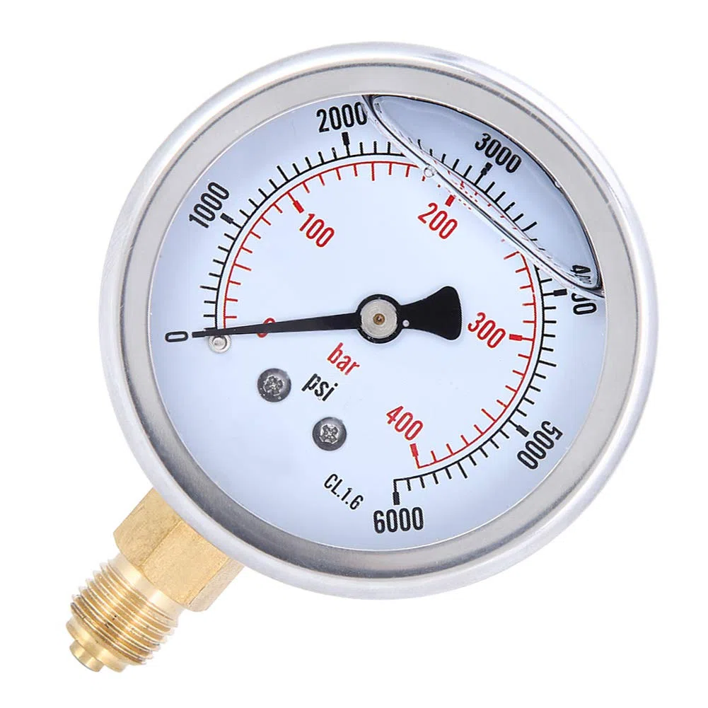 Manómetro de Presión 400 bar 6000 psi 1/4 BSP Radial Acero Inoxidable Latón Esfera Transparente para Sistemas Hidráulicos y Neumáticos