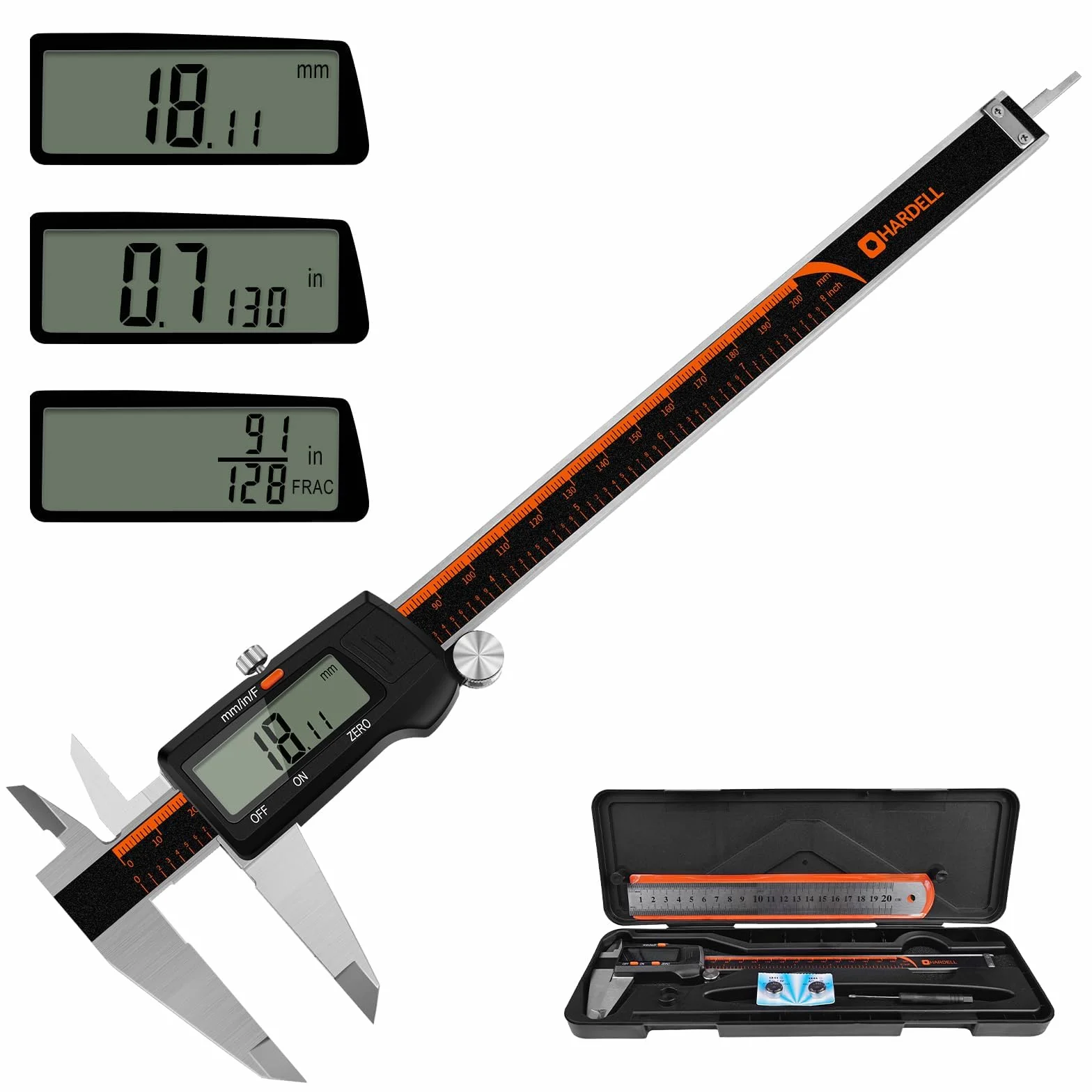 HARDELL Calibrador Digital 0-8 Pulgadas, Pantalla LCD Grande, Acero Inoxidable, Apagado Automático, Medición en Pulgadas/Milímetros/Fracciones, Impermeable, Herramienta de Precisión para Bricolaje