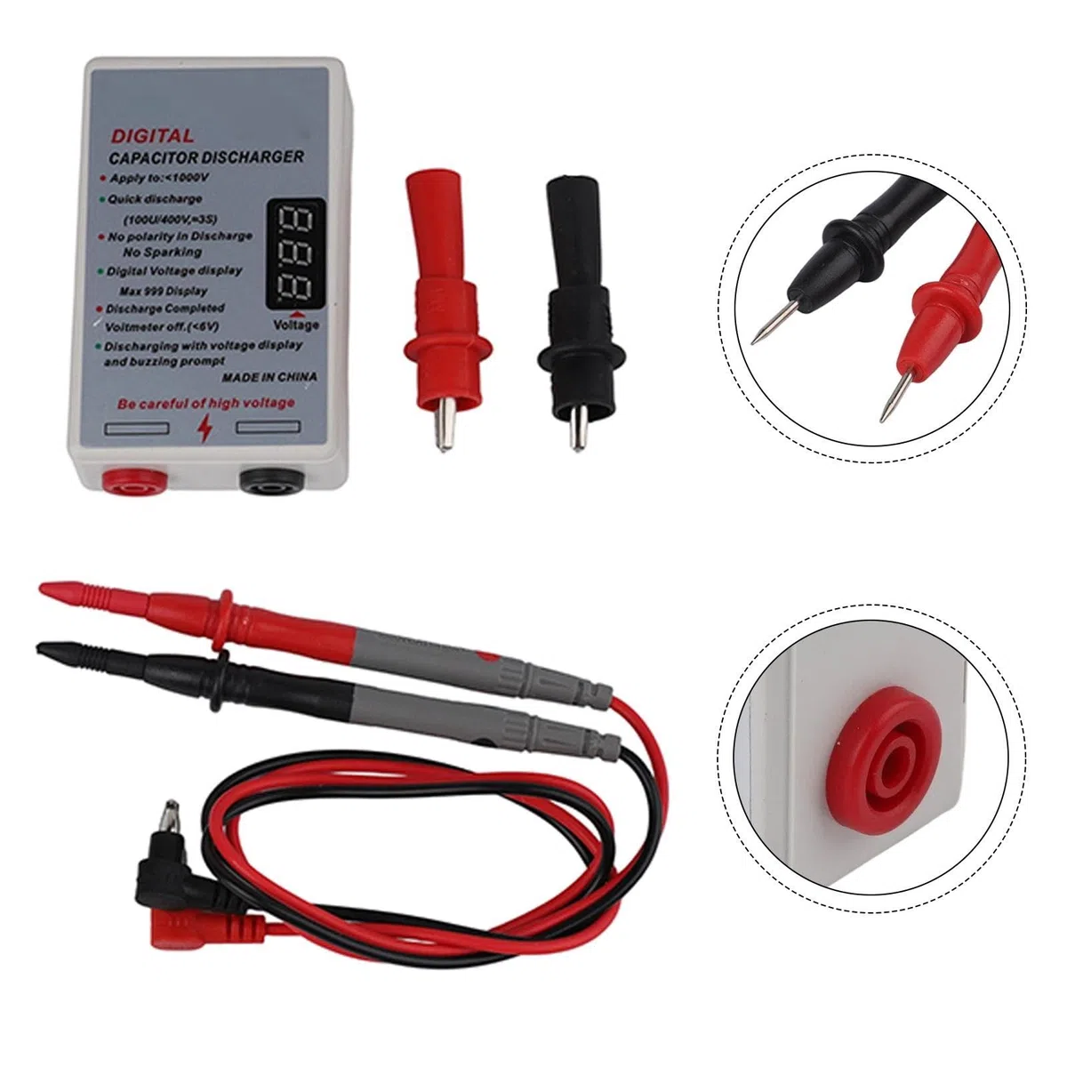 1000V Condensador Descargador con Pantalla Digital Herramienta Inteligente Descarga de Resistencia para Electricista DC 5-1000V Incluye Puntas de Prueba y Pinzas de Cocodrilo Blanco