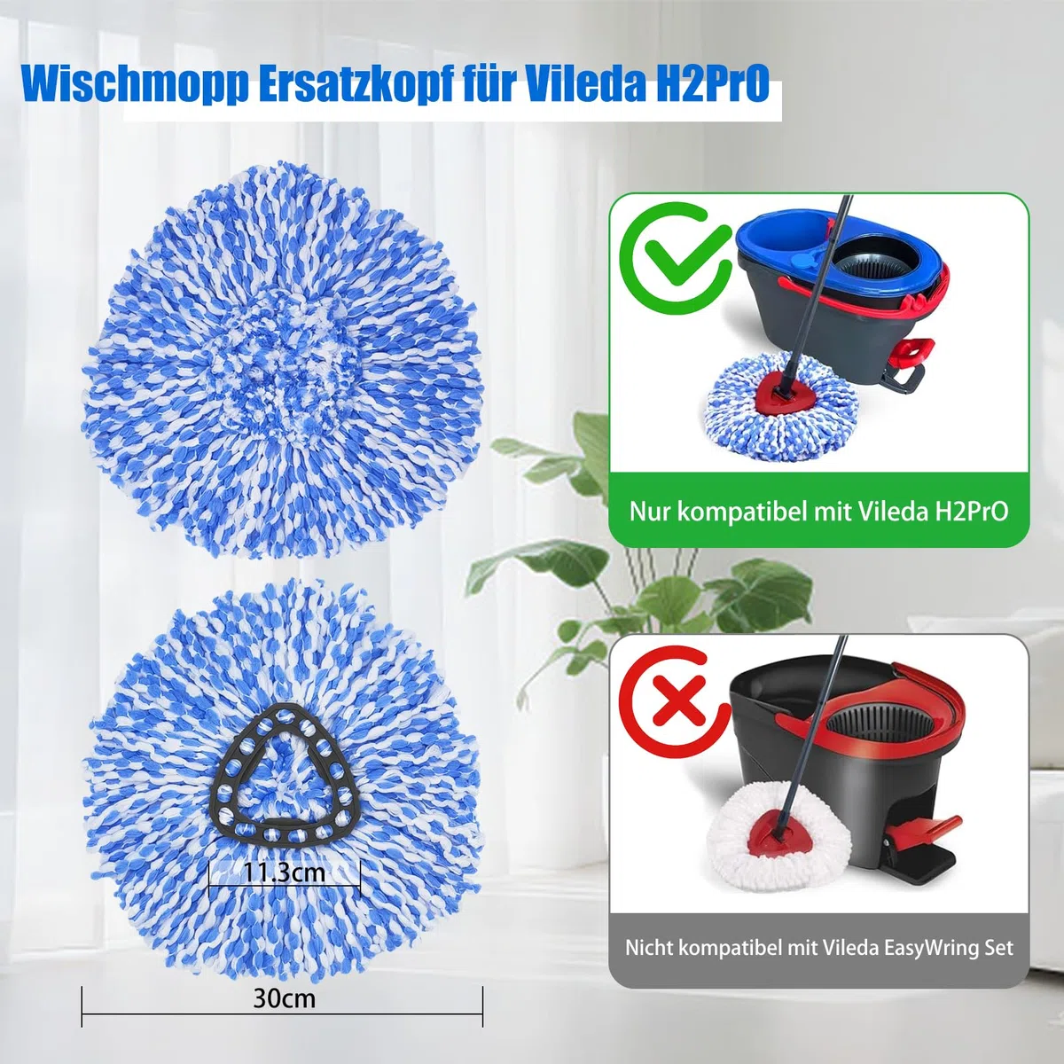 6 cabezales de repuesto para fregona Vileda H2Pro, de microfibra, lavable a máquina y reutilizable, cabezal de microfibra duradero para todos los suelos