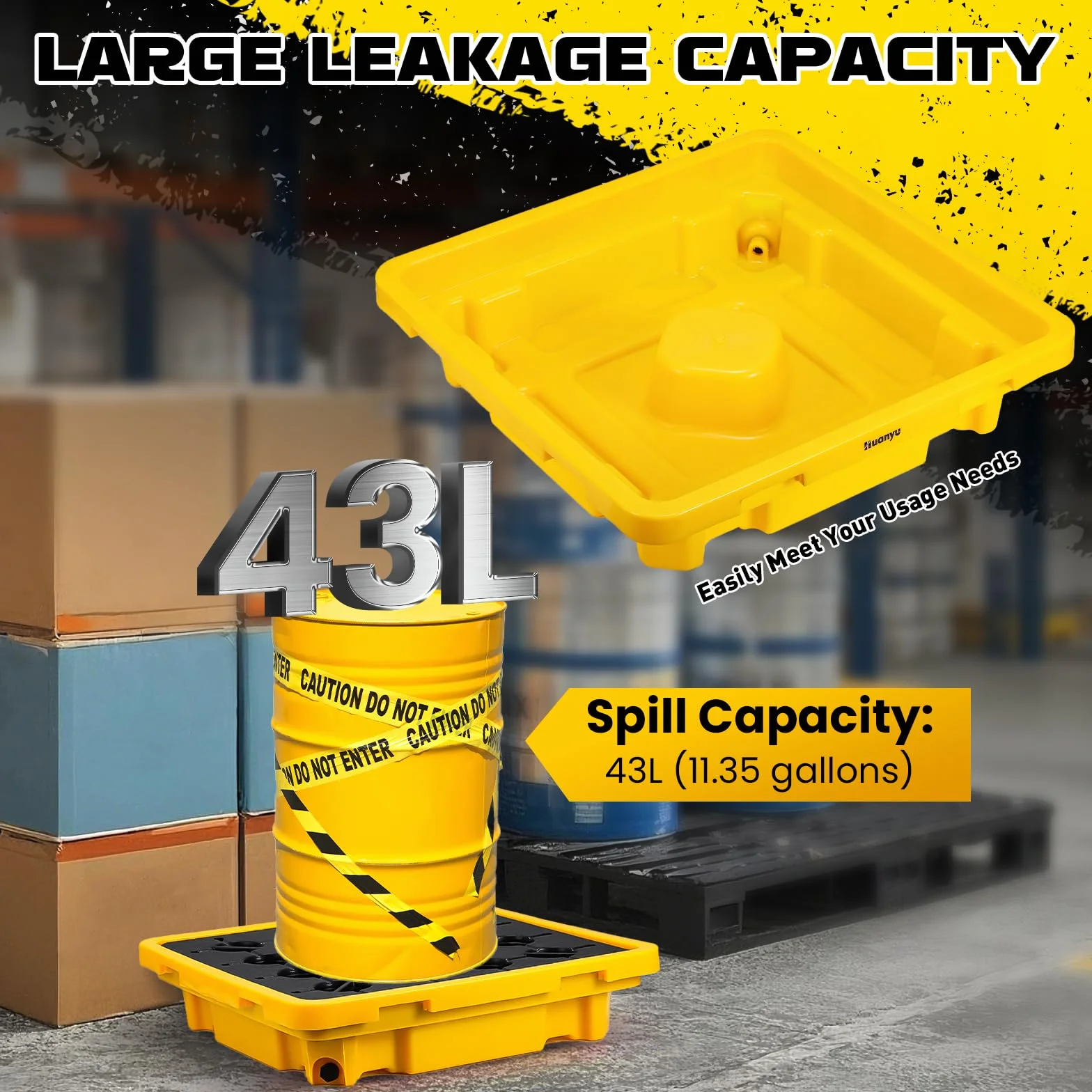 Huanyu Spill Containment Platform with Drain Plataforma de contención de vertidos 43L Paleta de contención de vertidos con desagüe Capacidad de carga 800kg Bandeja de contención 67x67x15cm