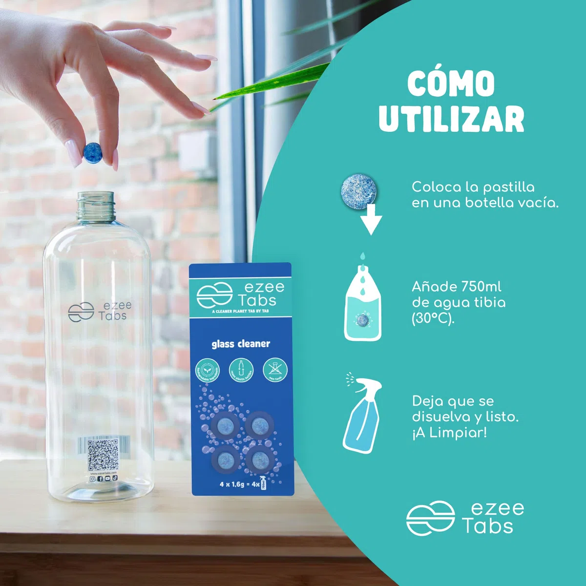 Paquete de Limpiacristales - Pastillas Limpiadoras para una Limpieza sin Microplásticos, Biodegradable y Vegana - 4 x 750ml de Limpiacristales y 1 Botella Reutilizable
