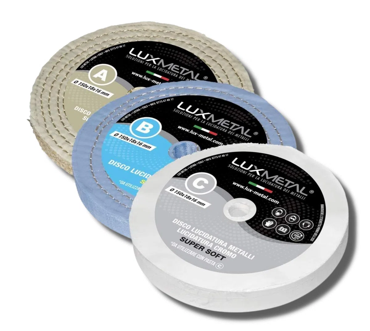 Kit 3 discos de pulido 150 mm A-B-C Discos algodón pulido espejo Acero inoxidable Metales Aluminio Juego de pulido para taladro Amoladora Rueda Latón Cobre Madera Mármol Plexiglás