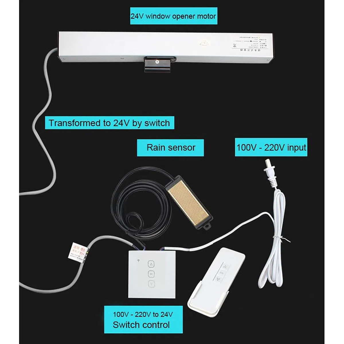 Actuador eléctrico para abrir ventanas, cadena de 24 V, control remoto, ideal para tragaluces y rejillas de ventilación, longitud de carrera ajustable de 300 mm a 800 mm