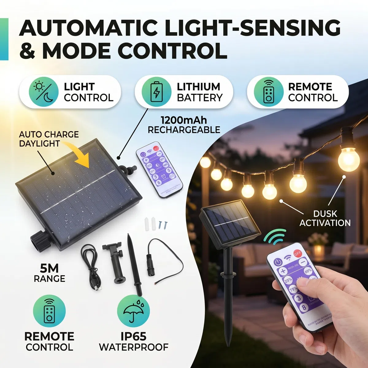 Controlador Solar Automático para Luces de Cadena, Impermeable con 8 Modos de Parpadeo y Brillo Ajustable, Panel Solar Polisilicio 3V, Regulador de Energía para Decoración Exterior