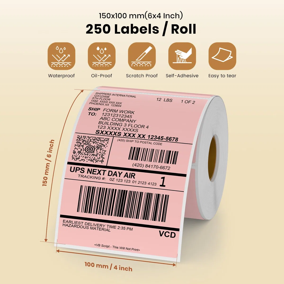 Etiqueta Térmica Rosa Vinilo 150 x 100 mm Rollo Perforado Autoadhesivo Etiqueta Térmica Directa Etiqueta de Envío Impermeable para Código de Barras Código QR Paquete de 250