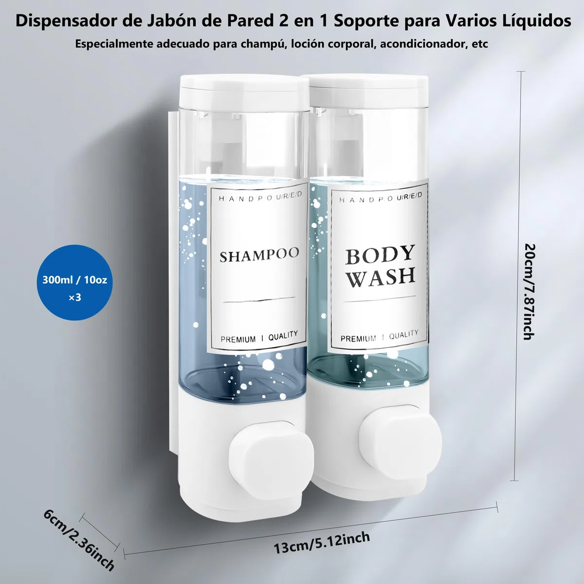 Dispensador Jabón Baño para Montaje en Pared, Dispensador de Jabón Líquido, Dispensador Gel y Champu Ducha para Hotel, Hogar,2x300ml(Blanco)