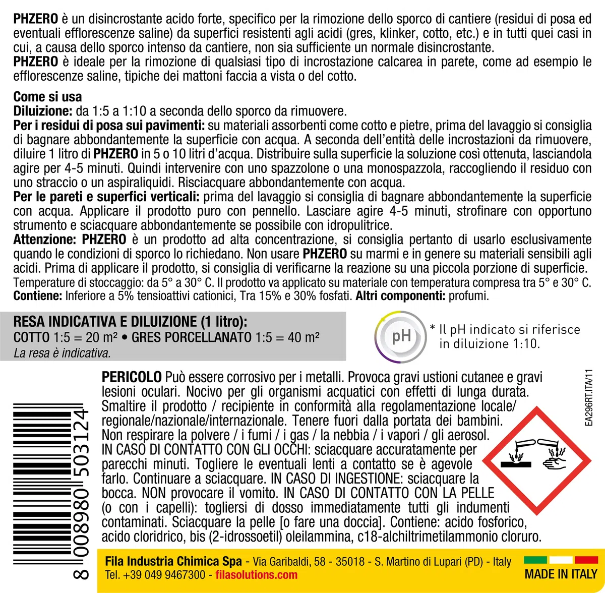 FILA 50300012 PHZERO Desincrustante Ácido 1 litro