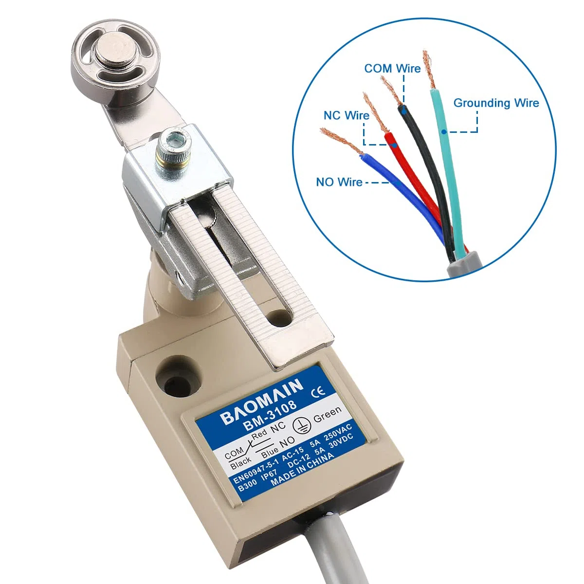 Baomain BM-3108 Interruptor de límite, émbolo de rodillo ajustable, contacto momentáneo NA+NC, resistencia al agua IP67, TZ-3108