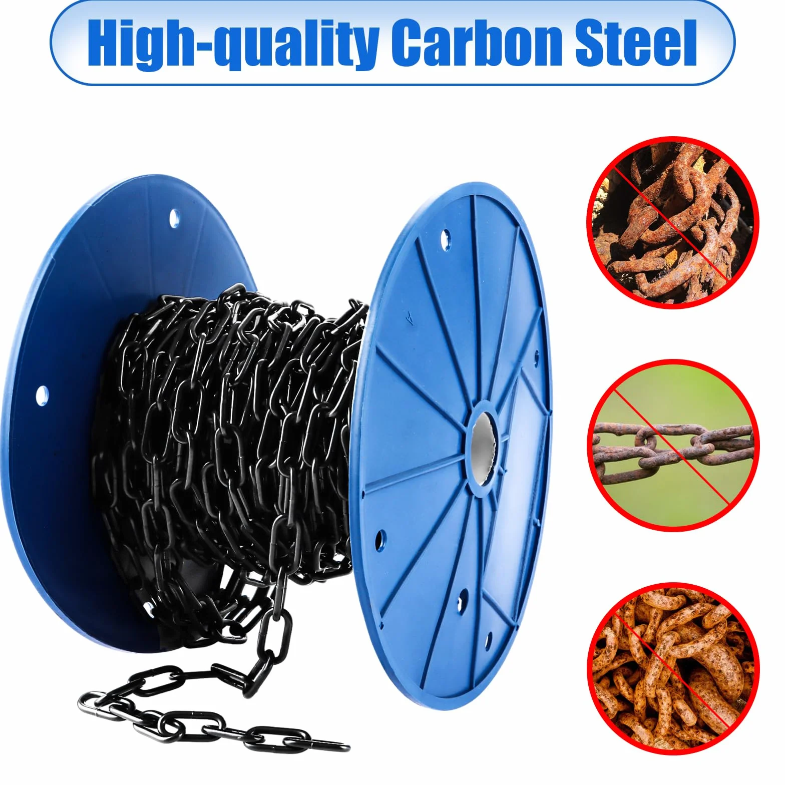 Cadena de metal de 15 m de 3 mm, cadena de acero redonda, cadena de acero fuerte, cadena de eslabones de acero al carbono negro para cadena de lámpara, cadena para perros y cadenas de barrera