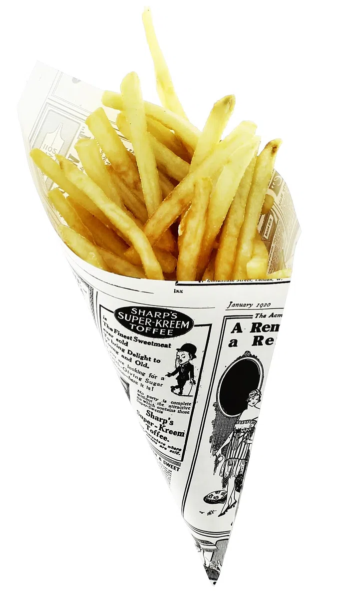 250 Cono de Papel Antigrasa Times 20 cm | Diseño Papel Periódico Blanco/Negro | Resistente a la Grasa y Calor | Ideal para Fritos, Food Trucks y Take Away | Pack de 250 unidades