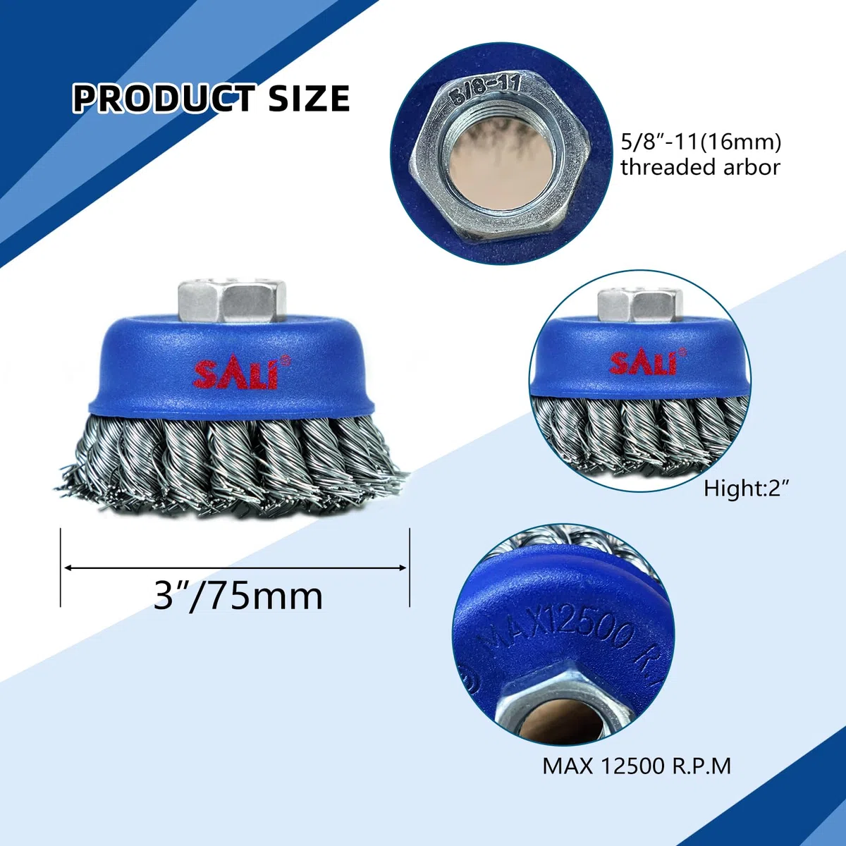 SALI Cepillo de copa de alambre de 2 piezas, Ø 75 mm cepillo de copa de nudo trenzado para amoladoras, con mandril de 5/8-11 pulgadas para la limpieza a fondo de óxido, decapado y abrasivos