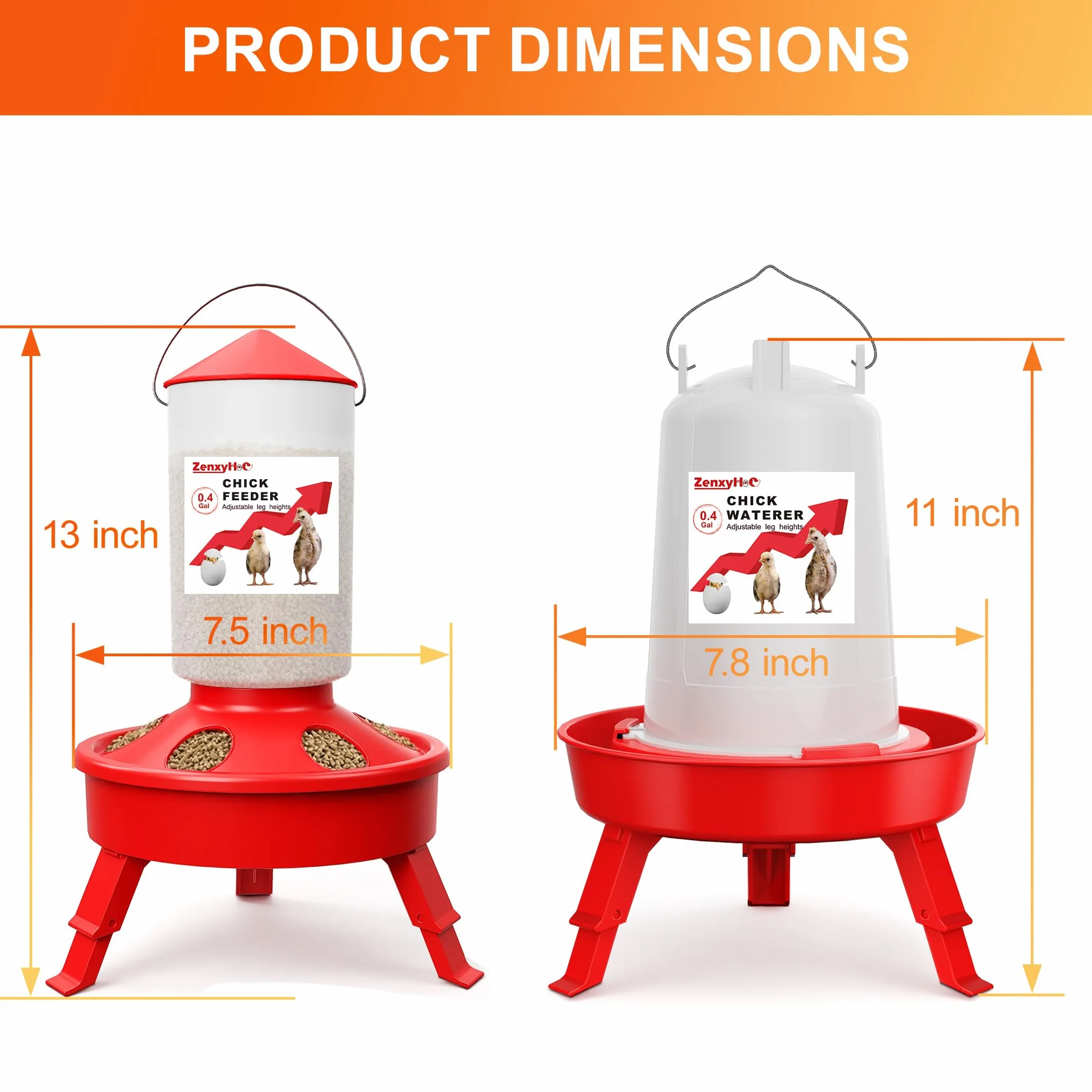 ZenxyHoC Juego de comedero y Bebedero para Pollitos con comedero automático de 1,5 l y Bebedero de 1,5 l para llenar la Parte Superior, Incluye Pala y 3 Patas Regulables en Altura, Color Rojo