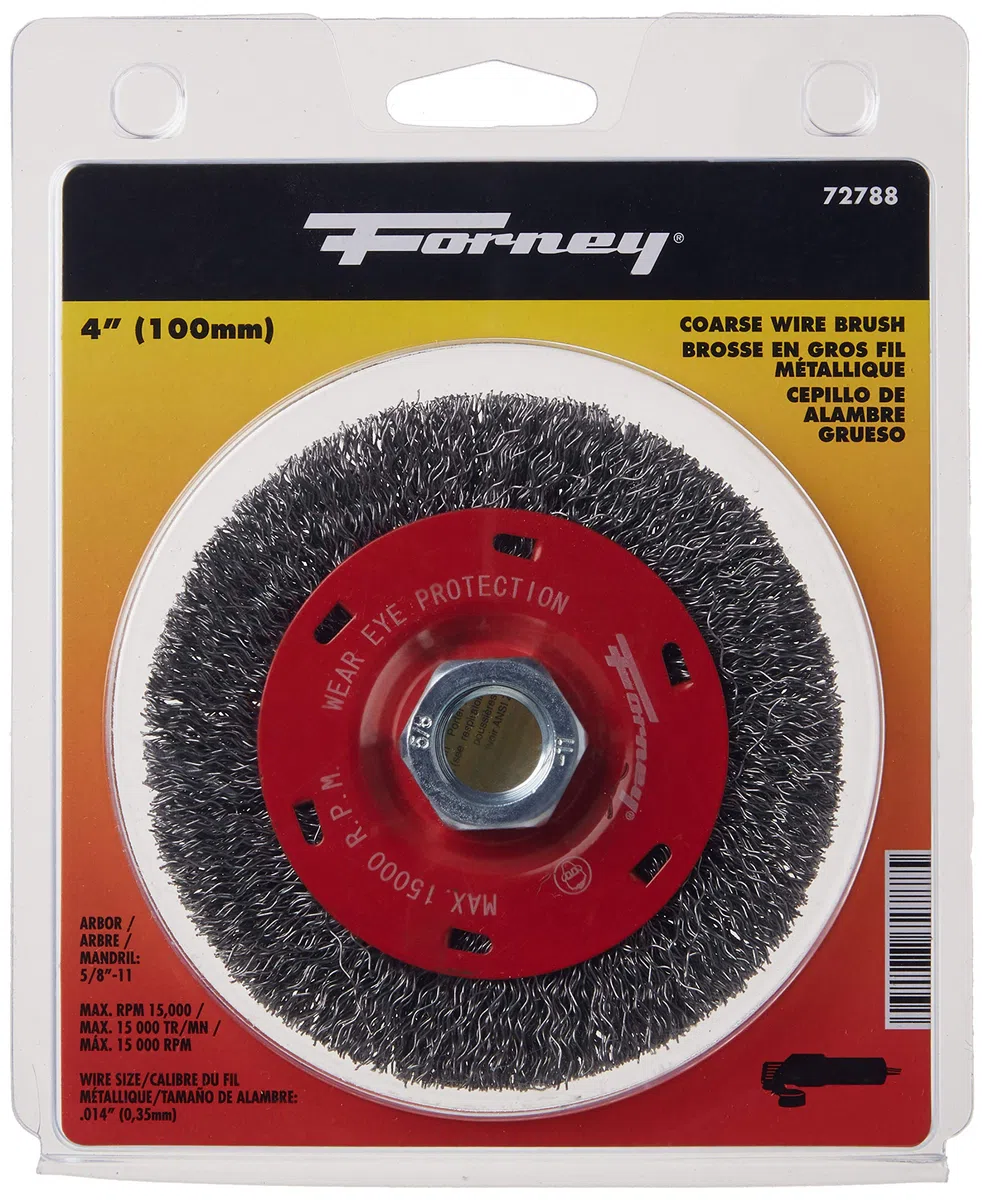 Forney 72788 Cepillo de rueda de alambre, grueso prensado con eje roscado de 5/8 pulgadas-11, 4 pulgadas por 0.014 pulgadas