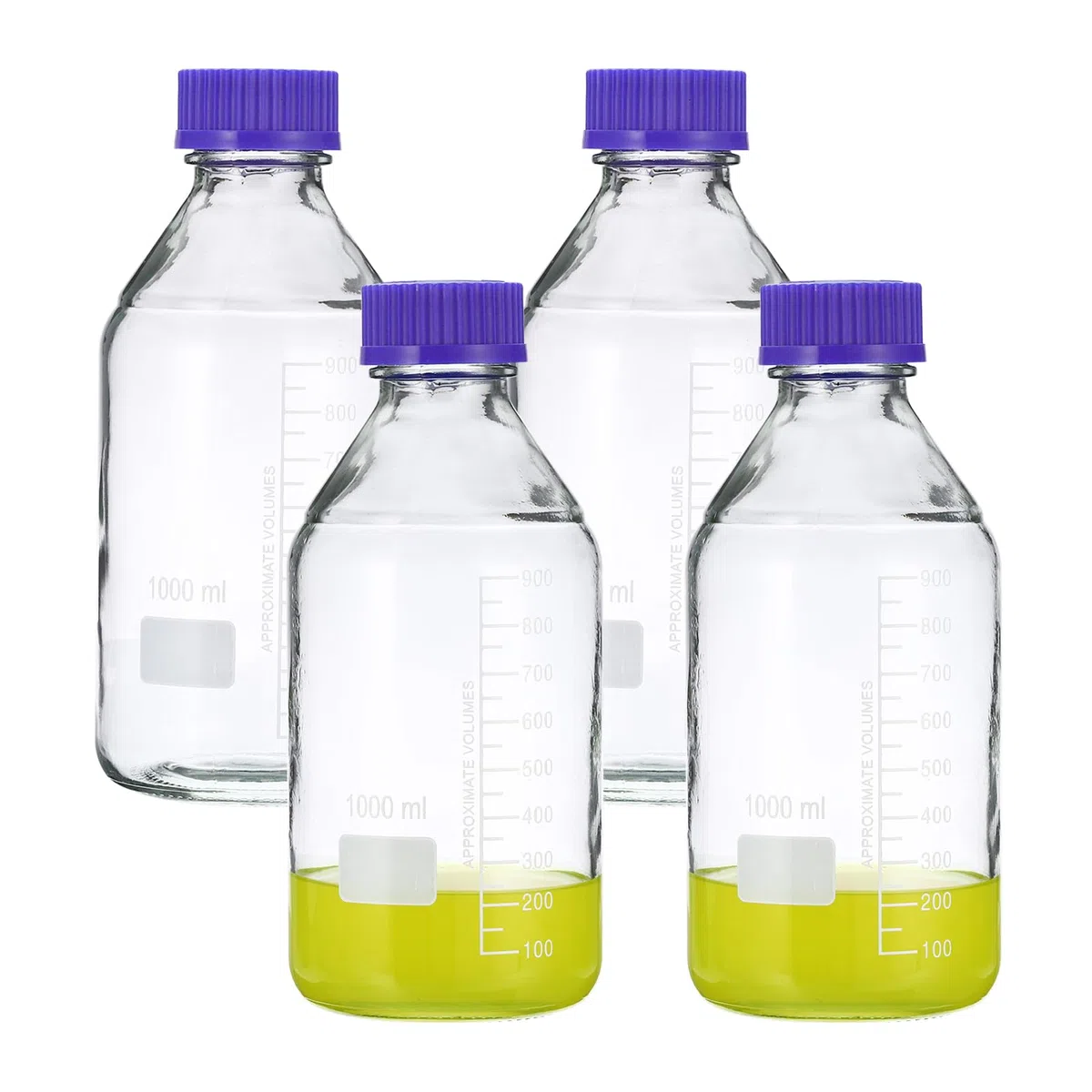 PATIKIL 4 Paquete Medios Almacenamiento Botellas, 1000ml Borosilicato Vidrio Redondas Graduada Botella con GL45 Azul Tornillo Tapa para Laboratorio Agua Reactivo Líquido, Claro