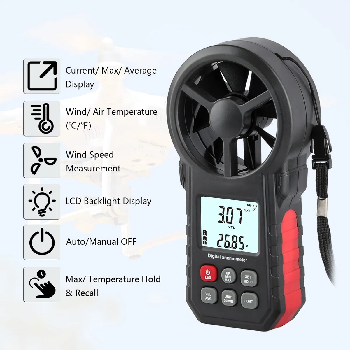 Anemómetro digital portátil, medidor de flujo de aire CFM para ventiladores HVAC, tiro/drone, medidor de viento, medidor de velocidad del flujo de aire con sensor de temperatura