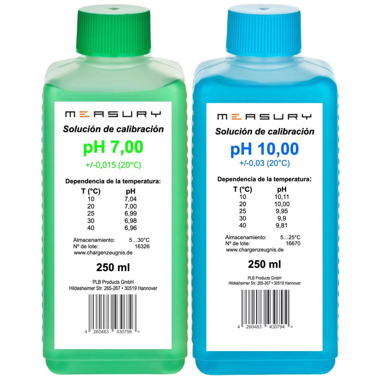 Measury Solución de calibración de pH 7.00 y 10.00 – Fabricado en Alemania, solución tampón pH por 250 ml, solución de calibración verde/azul, juego de líquido de calibración