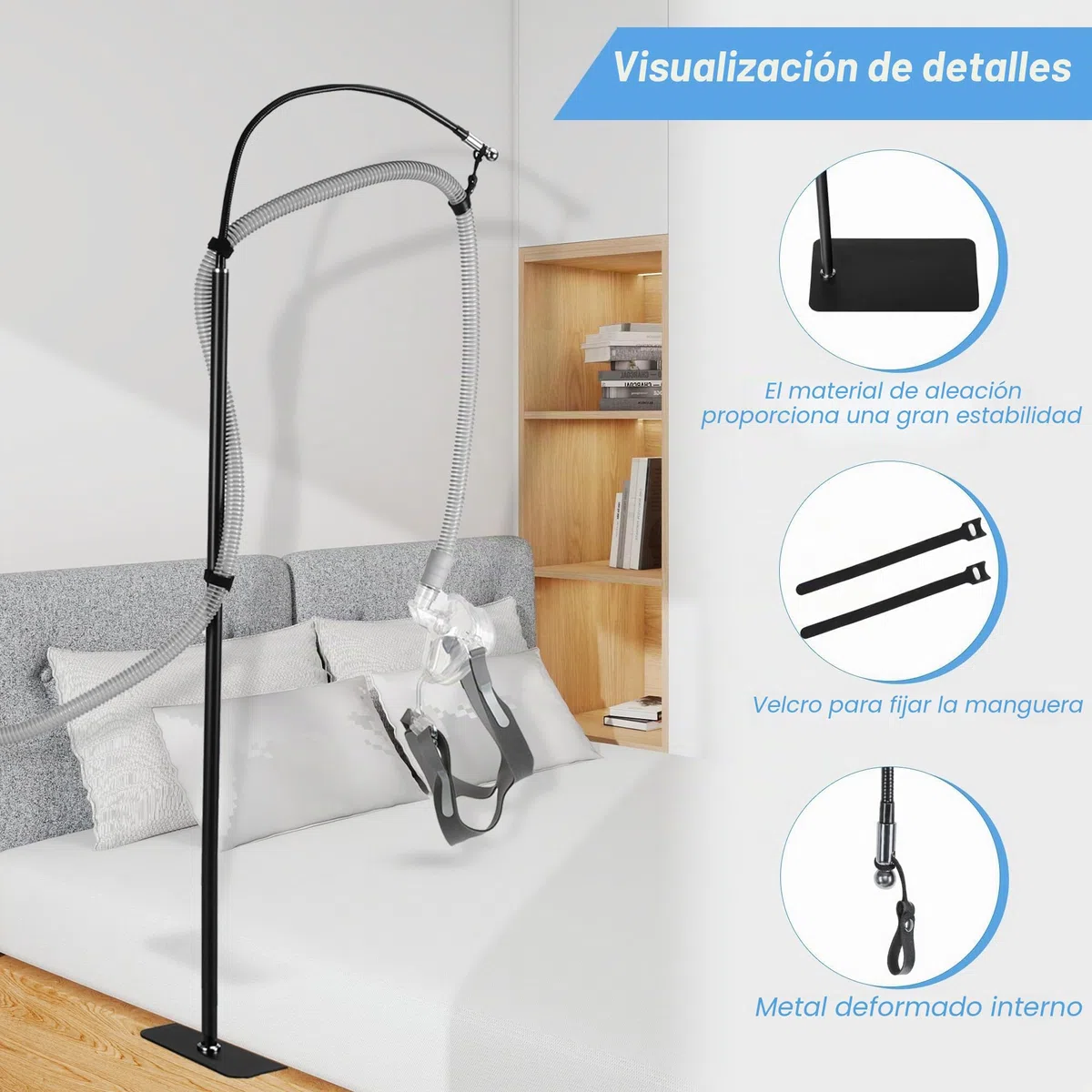 Porta Manguera CPAP Soporte Colgante Totalmente Ajustable para Cama; Mantén tu Manguera CPAP Segura y Sin Enredos Montaje Versátil Bajo el Colchón o en Suelo con Brazo Giratorio