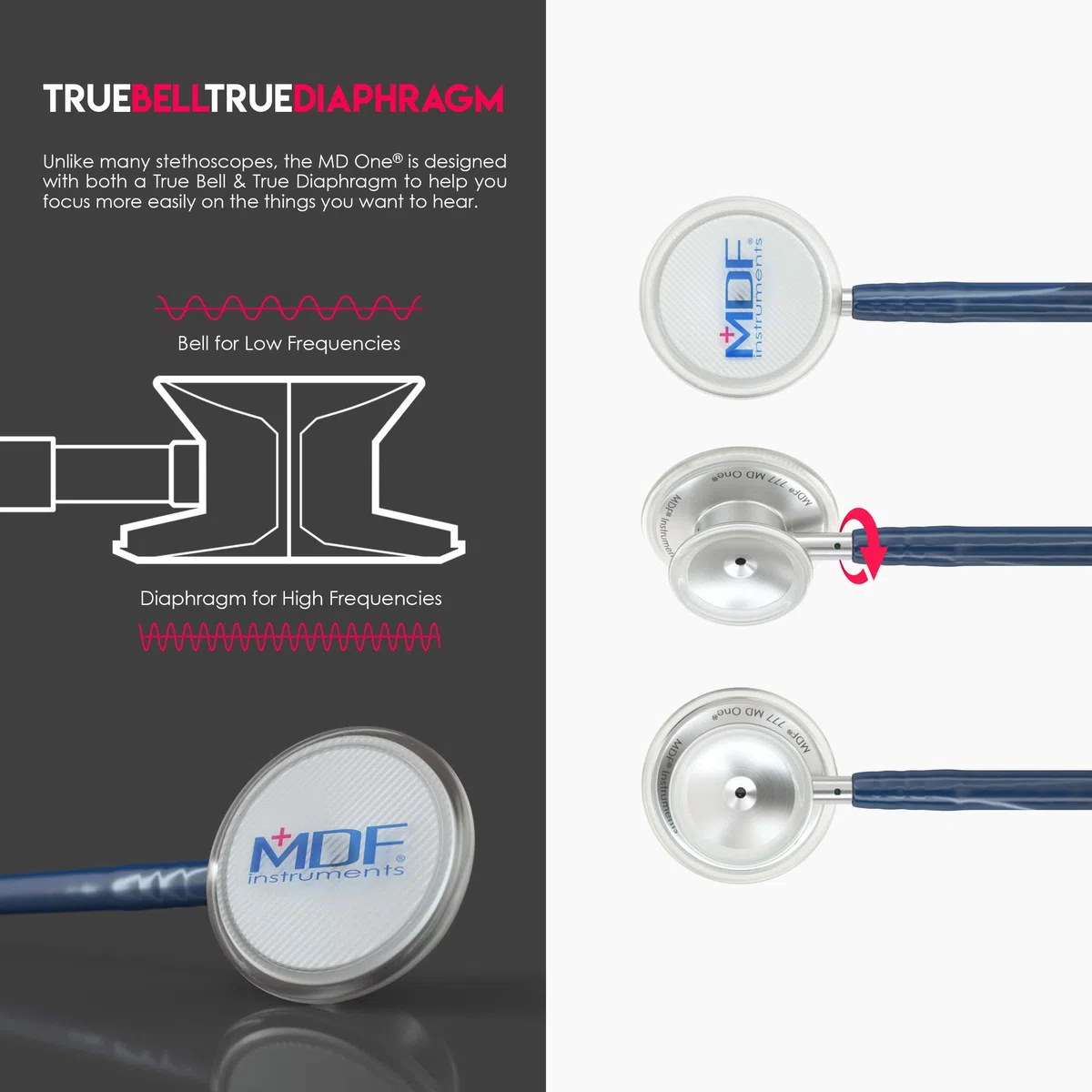 MDF Instruments MD One Estetoscopio doble cabeza de acero inoxidable - GarantÌa de por vida & Programa-piezas-gratuitas-de-por-vida MDF77704 (Azul Marino)
