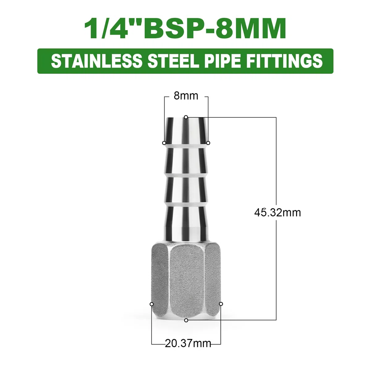 TAISHER 10 PCS Forja de acero inoxidable 304 para accesorios de mangueras de aire, Accesorios para mangueras con espiga 8MM Barb x 1/4" FBSP Adaptador de tubería con 10 abrazaderas para manguera