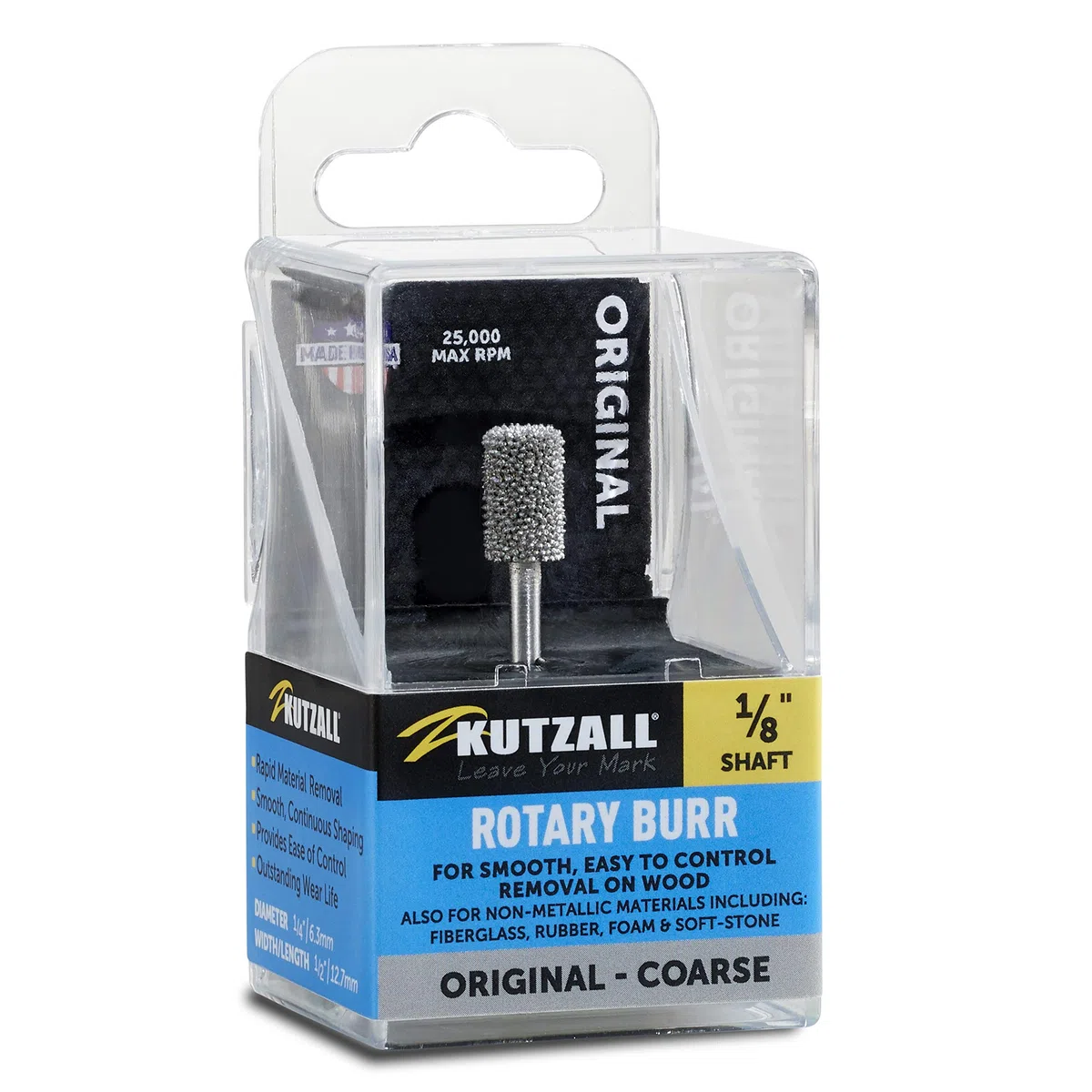 Kutzall Fresa Rotativa Cilíndrica Original, Eje de 1⁄8", Basto - Accesorio para Dremel, Foredom, Milwaukee. Carburo de Tungsteno Abrasivo, 1⁄4" (6,3 mm) Dia. X 1⁄2" (12,7mm) Longitud, C-14-E