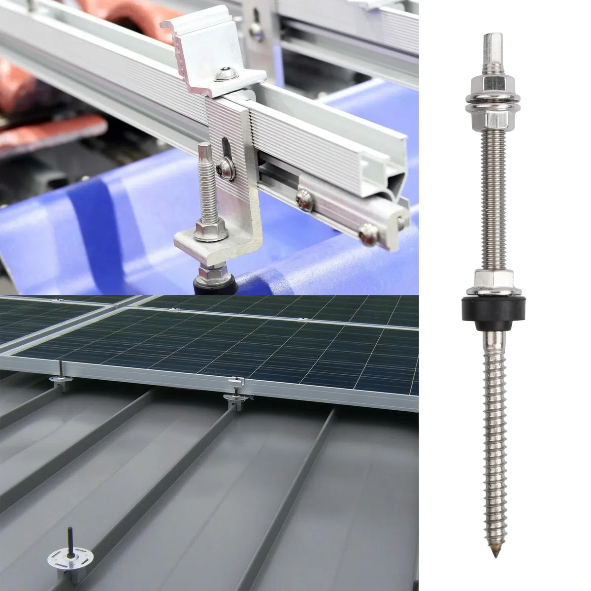 Tornillos para Fotovoltaicos M10 x 200mm, Pernos Solares de Altura Ajustable 4PCS, Incluido Tornillos Autorroscantes Doble Cabeza, Tuercas de Dientes de Bloqueo, Juntas de Goma