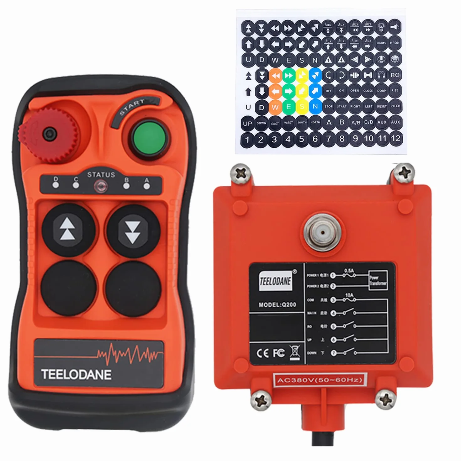 Kit de Control Remoto de grúa inalámbrica Industrial, 1 Movimientos, 2 Botones, 12v, 24v, Receptor transmisor de polipasto eléctrico con Parada de Emergencia (12-24V) (220V CA)