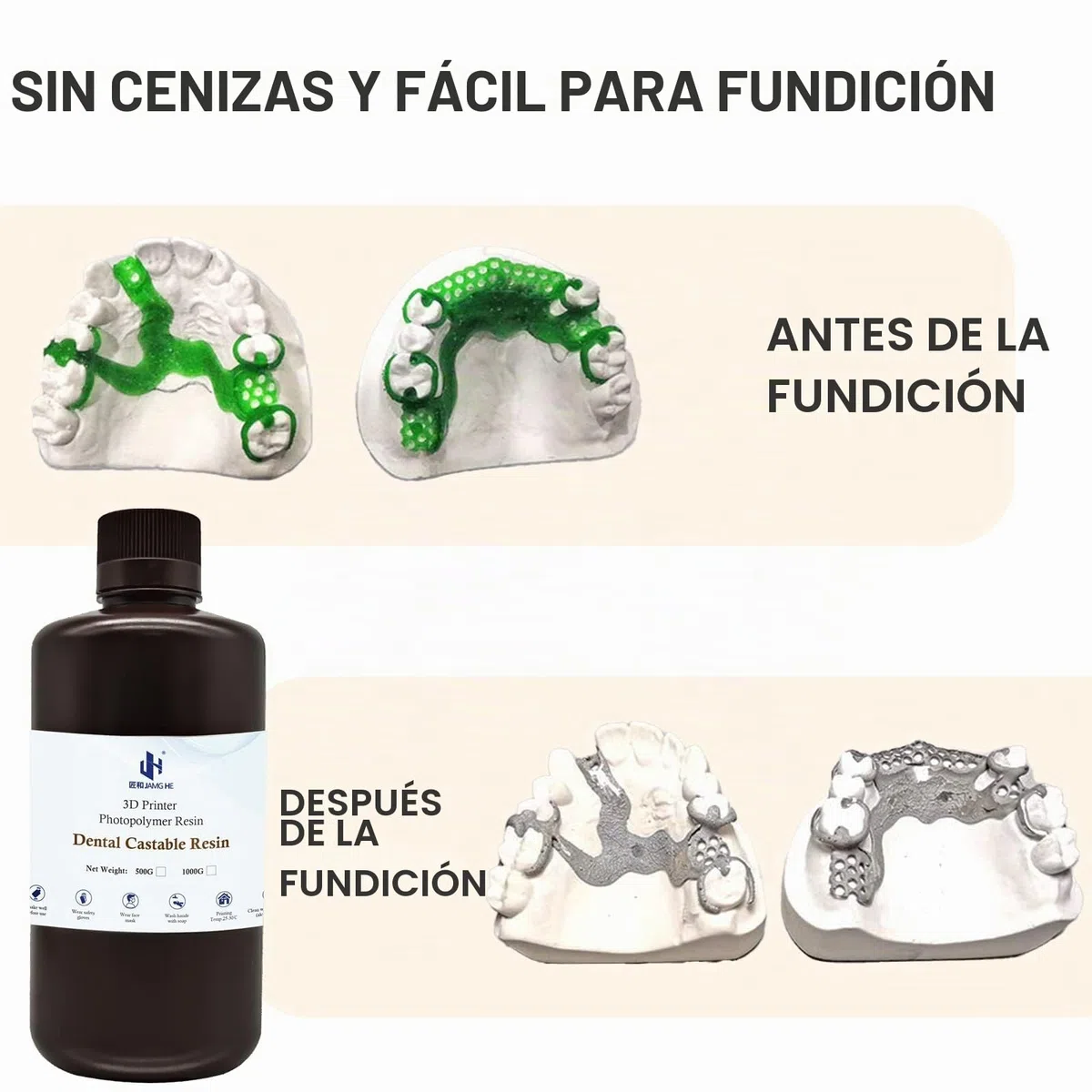 Resina de fotopolímero UV de 405 nm, ultrabajo, fácil de fundición para el marco de restauración de implantes dentales y corona 500 g