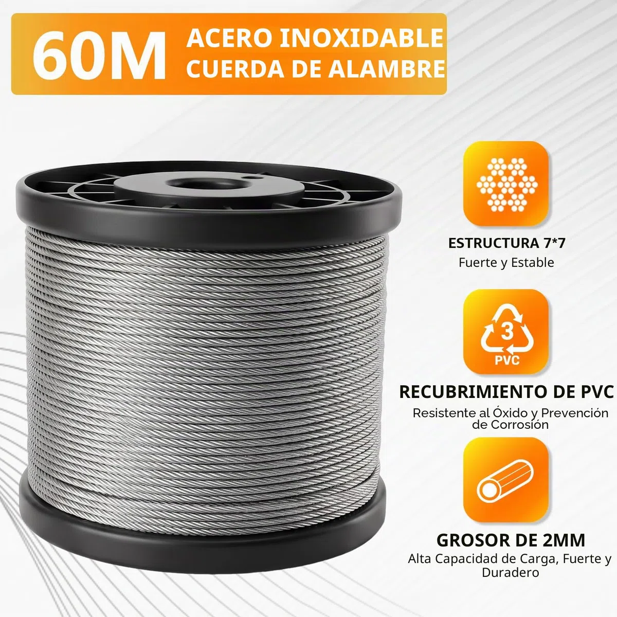 Cable de Acero Inoxidable 60 m 2 mm, Jardín de Alambre para Plantas Trepadoras, PVC Recubierto de Alambre de Jardín para Tendedero Exterior, Plantas Trepadoras, Decoración, Toldos, Proyectos DIY